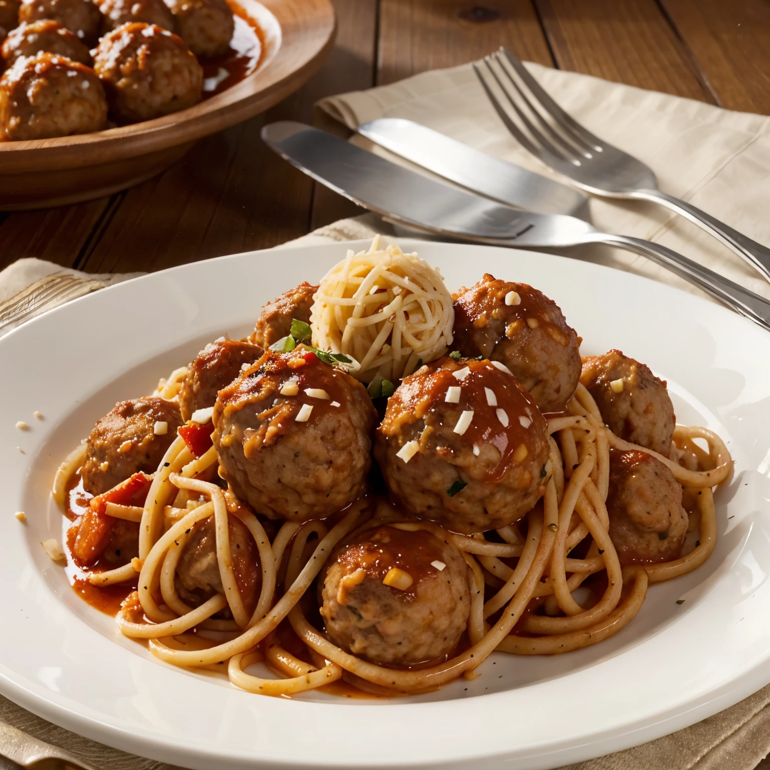 A deep plate full of a pile of spagethii with tomato sauce and meatballs, A portion of spagethii hangs on a fork above it . Man sieht den teller von der seite