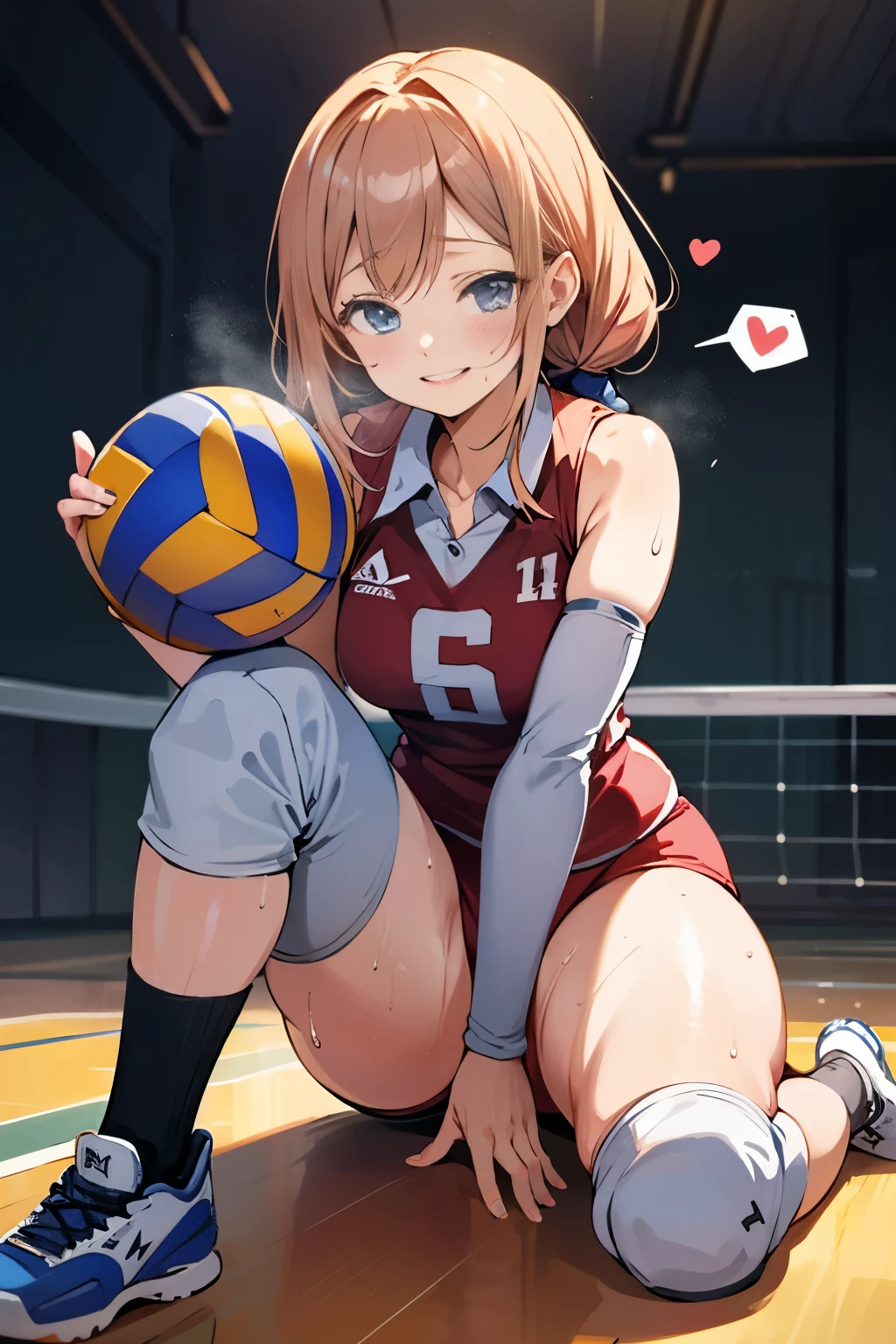 unity 8k wallpaper, anatomically correct, (((masterpiece))), (((best quality))), (((ultra detailed))), (((high-resolution))), ((Ultimate cutie)), perfect hands, perfect finger, (((good anatomy))), detailed beautiful face, shiny hair, (((gyaru))), (potbelly), (curvy), medium breasts, ((Thick thighs)), (((solo))), ((seductive smile)), (((blush))),
BREAK, (((sit astride the perfectly spherical shape 6-inch volleyball))), (((Straddling a perfectly spherical 6" volleyball))), (((Perfectly spherical 6" volleyball fits perfectly crotch))), BREAK, (((Rub the Perfectly spherical 6" volleyball against crotch))),
BREAK, (Collared volleyball uniforms), sleeveless, ((buruma)), ((kneepad)), pussy juice stained, (elbow pad), (((sweat))), (((covered in sweat))), ((deep breathing)), in Volleyball Court, indoor, lighting, looking at viewer, full body, (spoken heart)