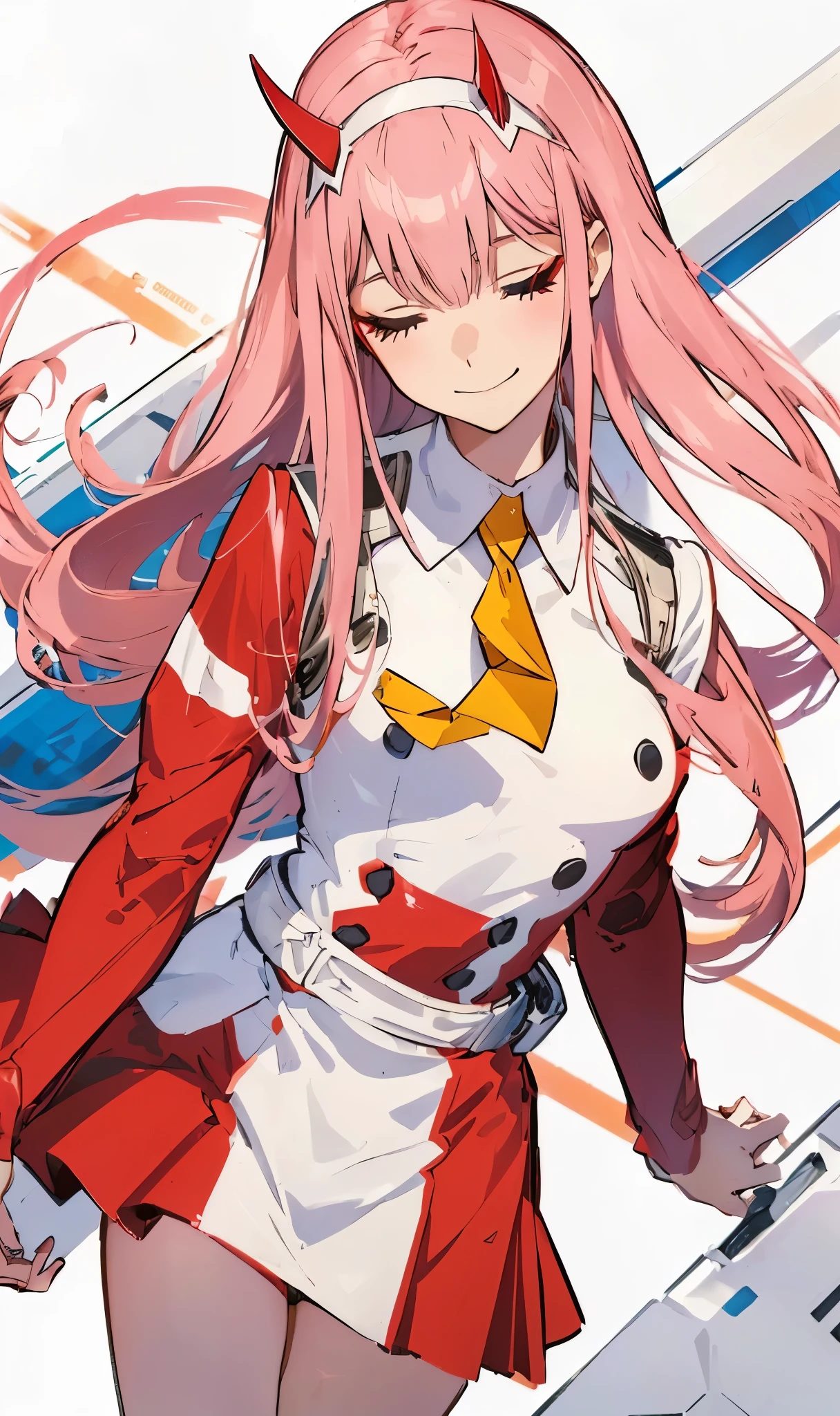 beautiful illustration、top-quality、Cute s、bedroom、pink-haired、lenght hair, red color eyes、(((pink pleated skirt))、(((white sailor suit)))、shortsleeves、a navel、bare-legged、on the beds、lovely thighs、glowing thigh, 1girl, bangs, biting, blush, covered navel, eyeshadow, hair behind head, hand on hip, smile, long hair, looking at viewer, makeup, pilot suit, red eyeshadow, science fiction, skin tight, solo, ((masterpiece)),camel toe, (breast:0.6), 8k, (thick thighs:1.3), beautiful, trap, futa, zero two, small horns