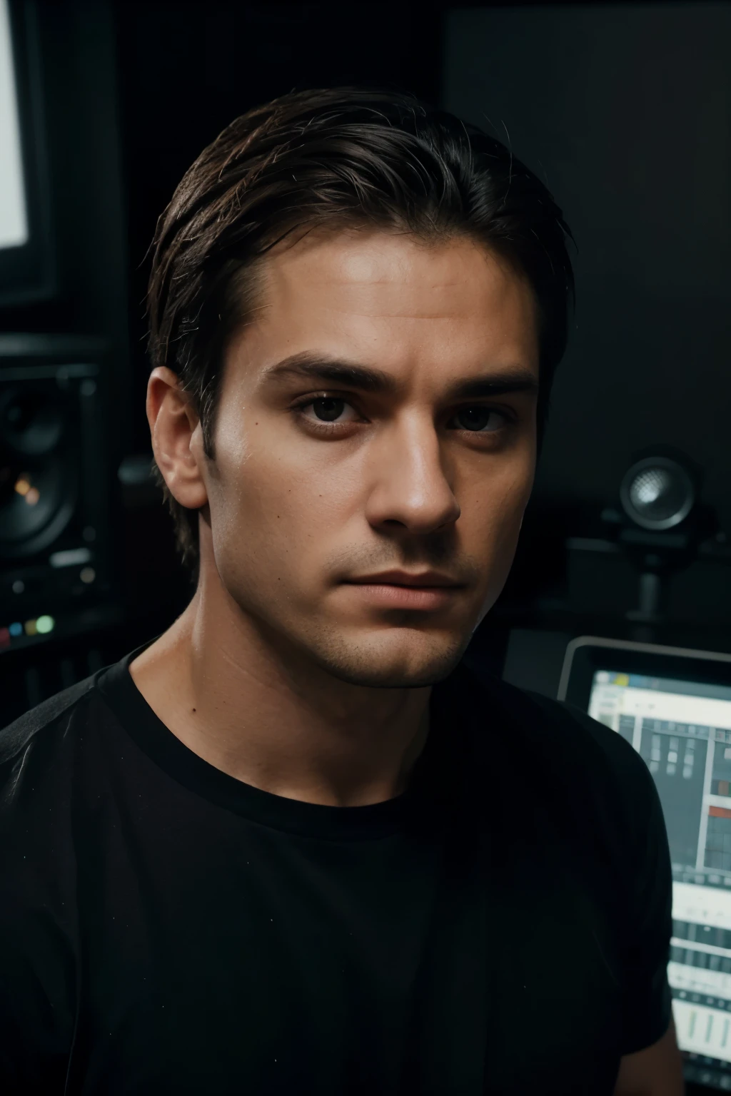 A detailed photograph of a serious looking 25 year old man looking directly at the camera, standing straight, (in audio studio) hands relaxed, square jaws, masculine face, buff looking, (wear black t shirt), detailed clothing texture realistic skin texture, sharp focus, front view, waist up shot, high contrast, strong backlighting, action film dark color lut, cinematic luts, outzoom