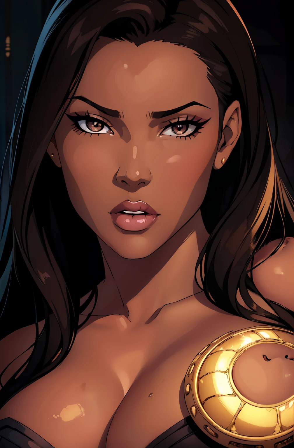 professional, atmospheric lighting, illustration, cover art, (black:1.2), (portrait), splash, beautiful face detailed, hazelnut eyes, (attractive young woman:1.3), (seductive:1.1), bokeh, brown skin, beautiful African-American woman, ((huge lips)), eyelashes, solo, 1 girl, sultry expression, (squint eyes:1:1.3) direct look, contoured