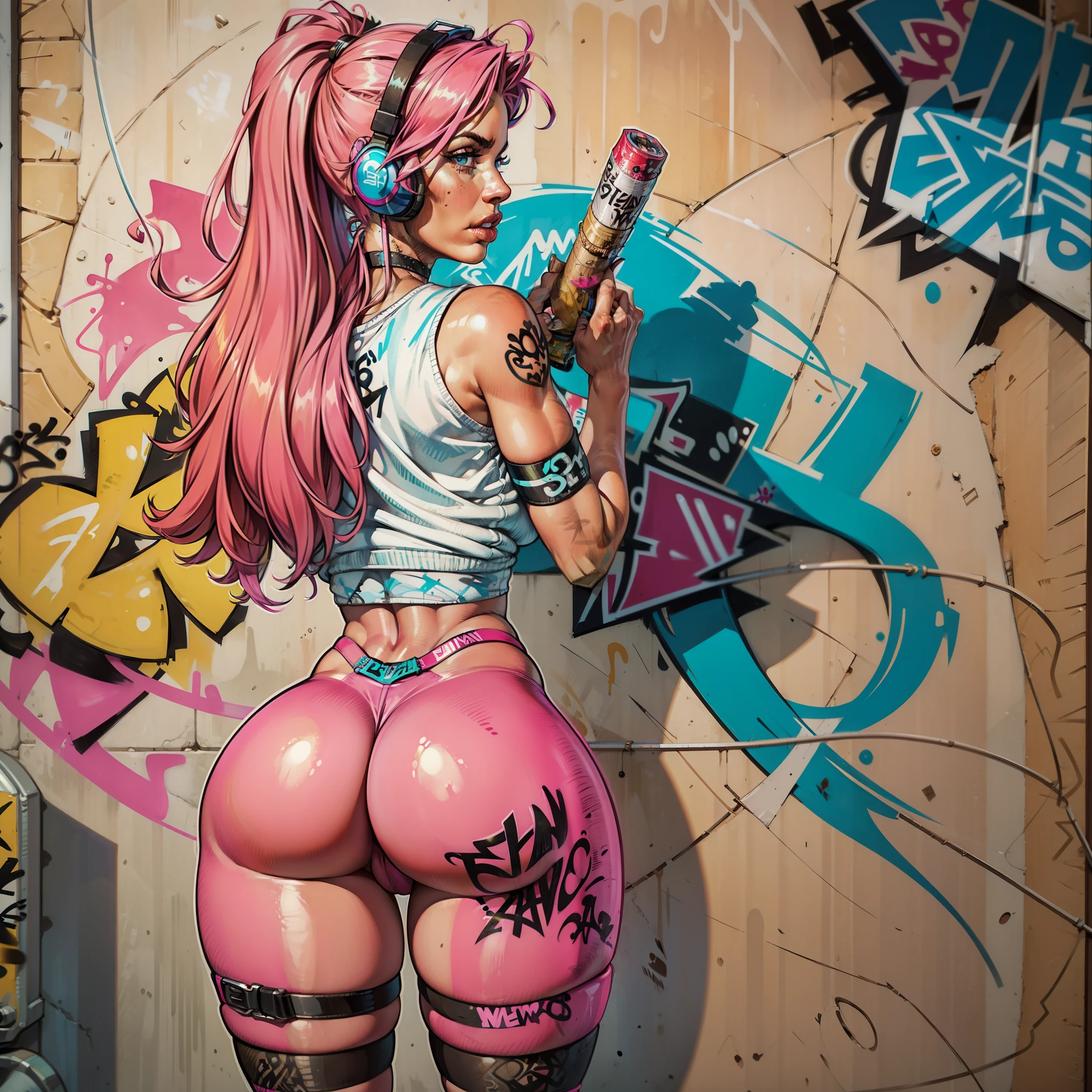 masterpiece, best quality, 25 years old beautiful woman, long hair, (mature face:1.4), 1woman, solo, crop top, gym leggings, choker, (from behind:1.4), plumb ass, thick thighs, thin waist, (graffiti:1.5), paint splatter, arms behind back, against wall, looking at viewer, armband, thigh strap, paint on body, head tilt, bored, multicolored hair (pink, blue), aqua eyes, headset