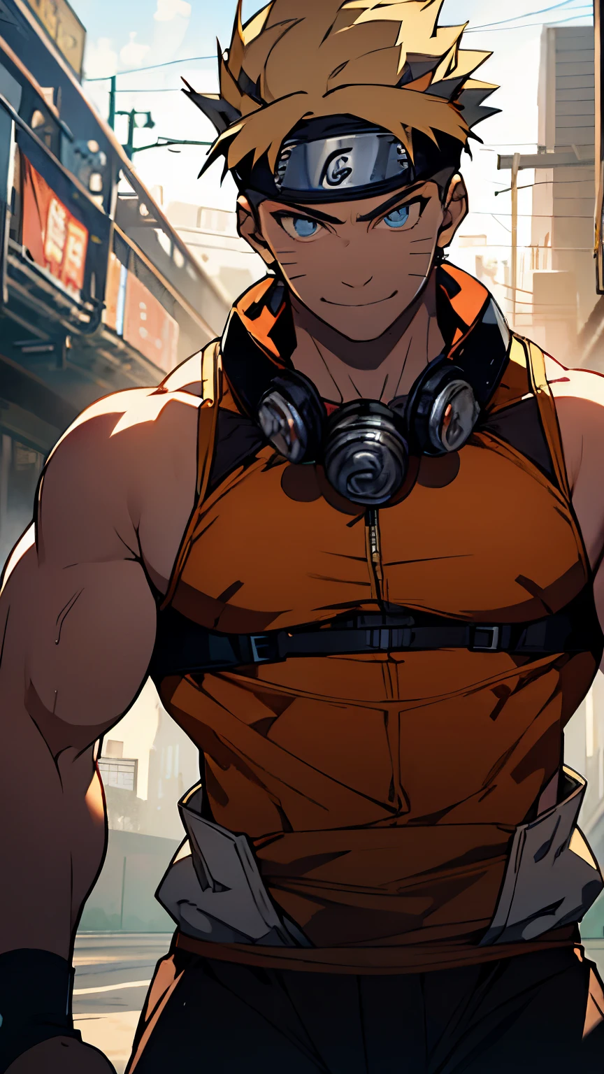 (masterpiece), best quality, expressive eyes, perfect face, naruto handsome muscular wrestler, wearing singlet with whistle hanging in the neck, looking at me smile,