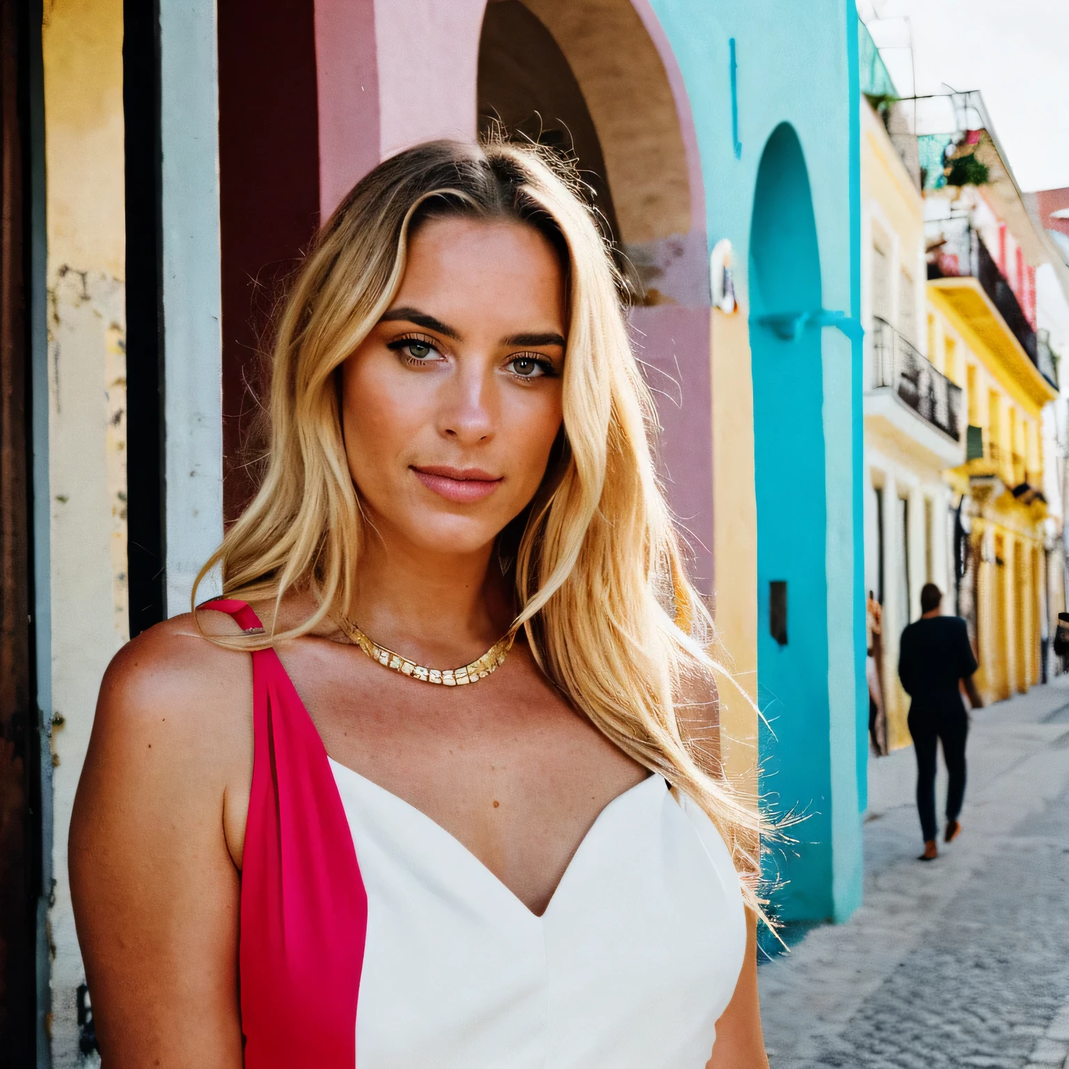 detailliert,(realistisch,photorealistisch,photo-realistisch),Instagram Post,eine atemberaubende junge Kubanerin,lachend, Her personality is reminiscent of Havana&#39;s timeless charm. Ihre Augen, voller Geschichten, Die Augen haben einen hellen Blauton, Weisheit mit einem Hauch von Unfug ausstrahlend. Ihre Lippen, reich und rot, reflect the vitality of Cuban culture. Ihre Haare, as blonde and flowing as gold, umrahmt ihr junges Gesicht. Flawless tanned skin,In einem traditionellen kubanischen Outfit gekleidet, Die leuchtenden Farben scheinen den Geist Kubas widerzuspiegeln. The area around her features a mix of symbolic street scenes from Cuba – vintage cars, colorful buildings, und der himmlisch blaue Himmel. Photorealistisch, high resolution, Instagram Post