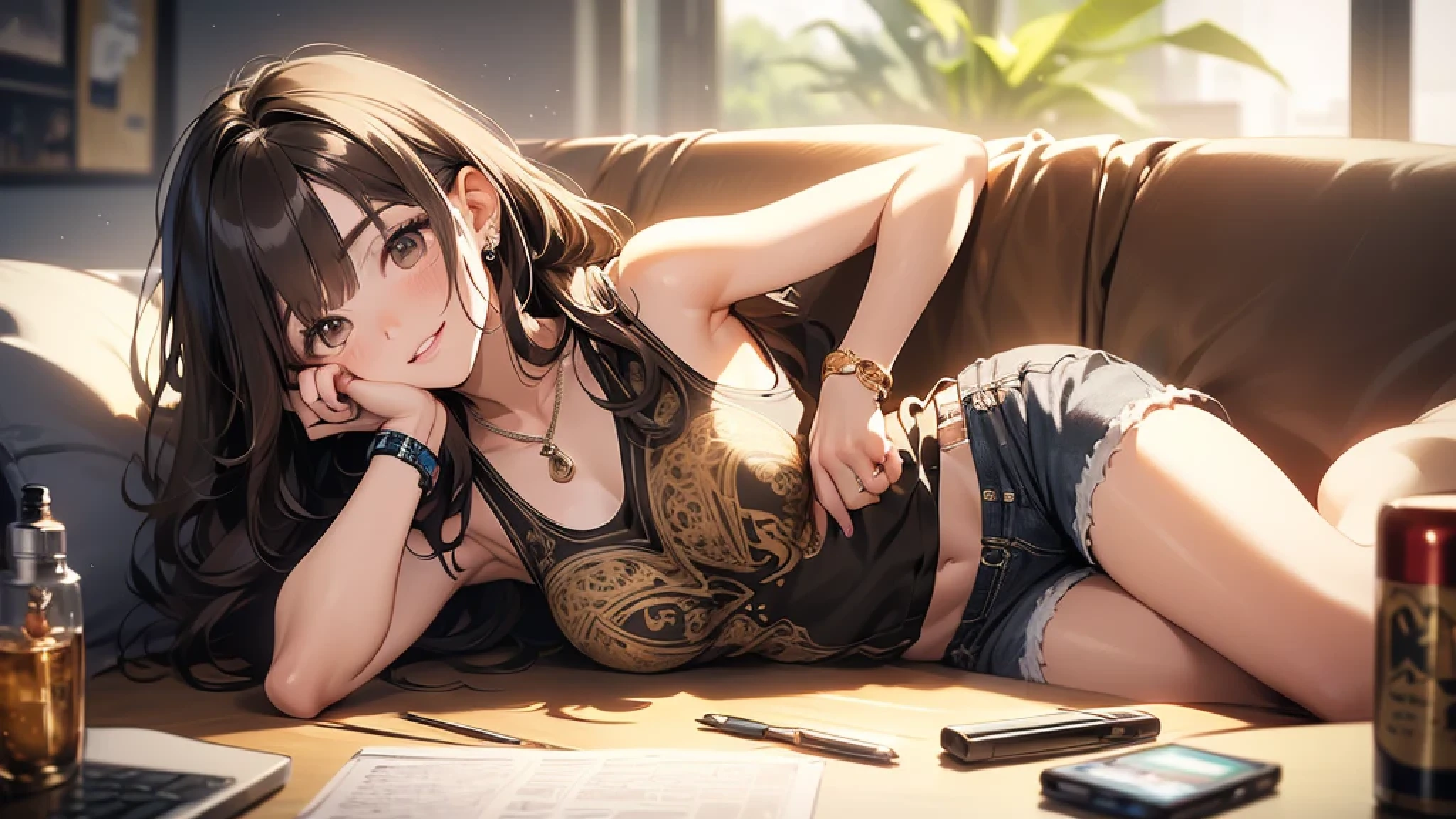 (masterpiece, best quality, ultra-detailed, highres, 4k),(beautiful detailed eyes),(very detailed face),(1girl),HDR,long hair, shorts, phone, brown eyes, brown hair, cellphone, bracelet, tank top, jewelry, watch, lips, solo focus, nail polish, blurry background, smile, wristwatch, realistic, blurry, looking at viewer