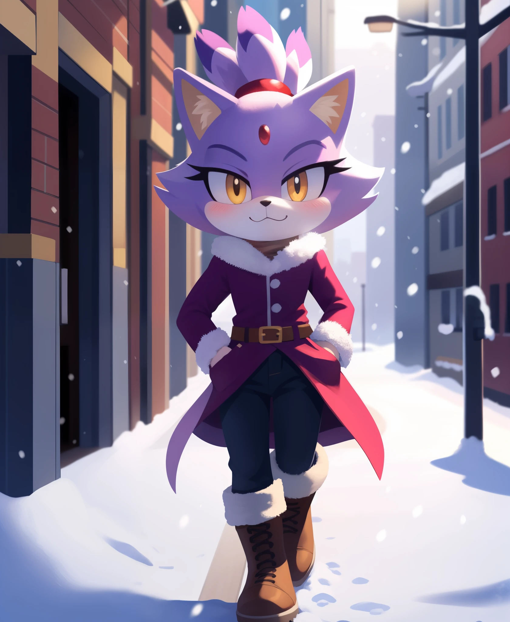 ((Masterpiece)), high quality, studio quality, vibrant colors, vibrant lighting, 4k, 1girl, Blaze the cat, yellow eyes, black jeans, boots, looking at viewer, hands in pockets, belt, :3, blush, fur-trimmed coat, city, snowing, snowflakes, walking