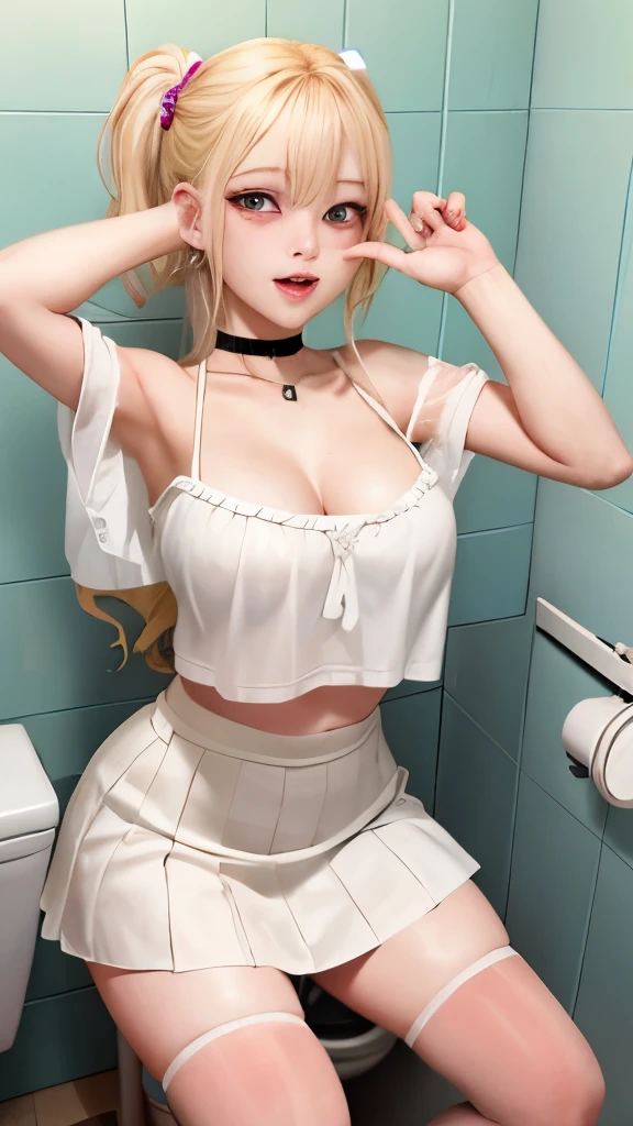 (8K, ultra high resolution, A masterpiece of the highest quality, professional detailed wallpaper, Ultimate Highly Detailed Everything, anime images, game cg),perfect human body、detailed face、detailed eyes), 1girl,dark skin,short hair,white shirt,,blonde hair,smirk,choker,pleated skirt,thighhighs、background 公衆トイレ、個室toilet , detailed background、detailed person、background bokeh、shadow、dark toilet、dark、lights out、shadow、Stains on the walls、Dark and dirty private toilet、dirty toilet、public toilet、official art、full CG、high quality、high resolution、8k, high vision、detailed、clear、live-action、(dripping sweat、oil skin,sparkling skin、realistic skin texture、detailed beautiful skin、shiny skin、shiny skin), (立っている:1.5、ahegao:1.8, メスガキスマイル:1.8, 壁ドン:1.8)、(((迸る汗、オイル肌,キラキラ肌、リアルな肌の質感、詳細な美しい肌、テカる肌、光沢のある肌)))、break、(((壁の汚れ、床の汚れ))), smoke, 消えた照明、break、jirai girl、黒髪ストレート、