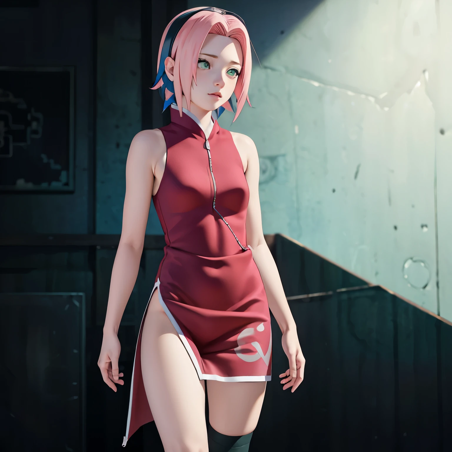 ((Masterpiece: 1.2)), ((high quality)), ((detail)), 1girl, solo, perfect face, pefect body, perfect anatomy, pretty girl, cute girl, sakura haruno, short hair, green eyes, pink hair color, red Qipao, long dress, long dress slit, bare bottom, no panty, hanging up ass, pussy visible from behind, black stockings, high sock knee, black sock, realistic, reality, high quality image, ultra detail, 8k
