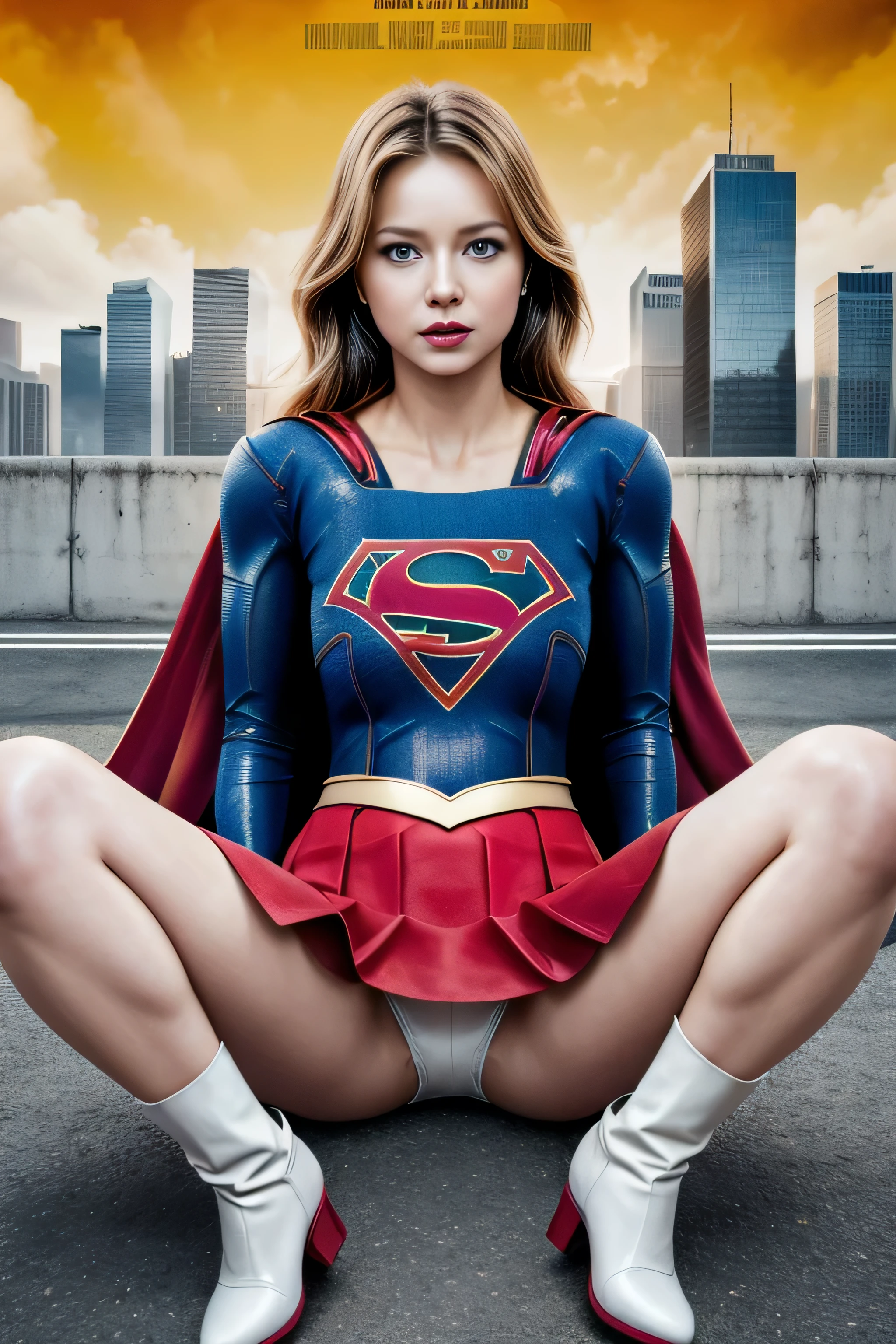 (movie poster:1.7)、highest quality、High resolution、Super detailed、masterpiece、(Live shooting:1.5)、genuine:1.5、photogenuineistic:1.5、very delicate and beautiful、small details、(Supergirl spreads her legs in a sexual pose:1.4)、(show me your white panties:1.4)、(mini skirt:1.3)、(barefoot)、(super beautiful)、(beautiful face:1.3)、(blonde)、(american beauty:1.5)、(detailed face:1.3)、(red boots)、(rooftop of skyscraper)、(At SFW)