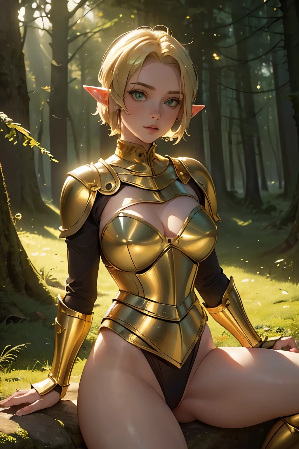(1Girl, Elf, Short blonde hair, frenckles, beautiful, cute, curvy, ((wearing (sexy Golden), medieval light armor)), green eyes), (in a forest (at night, ((dim light))), (looking at pov))