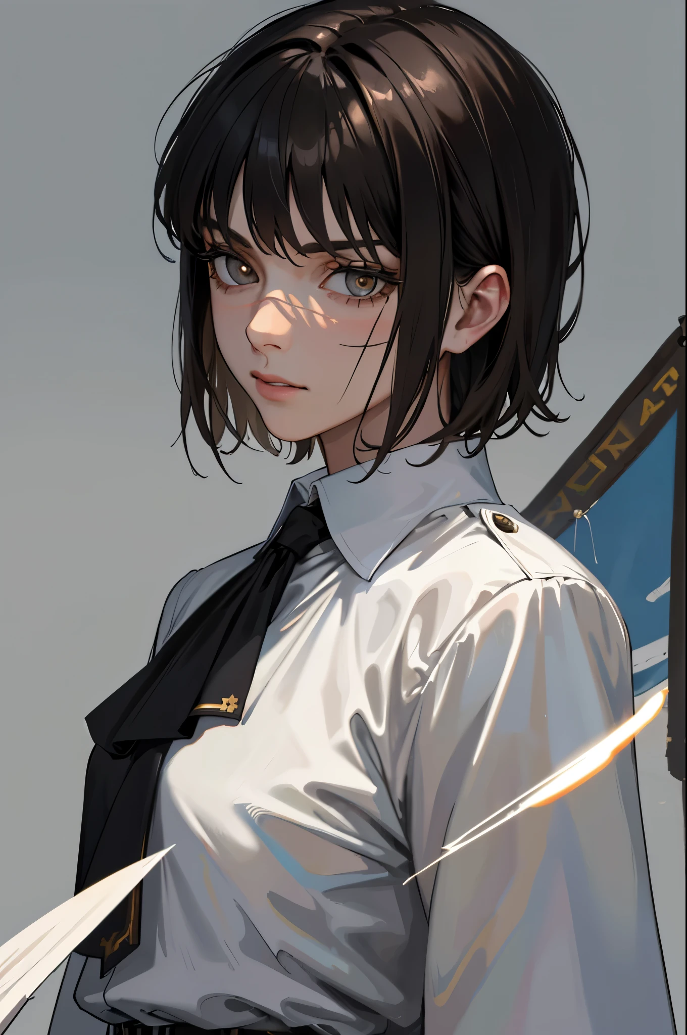 (masterpiece:1.2, best quality), (1gentle man), (short hair: 1.5), solo, photorealistic, science fiction film, science fiction, science fiction, war, upper body, small breasts, focus on face, realistic, pastel painting, powerful, intelligent, sensual, detailed eyes (intimidating look, Brown eyes) well detailed, long black hair, best CG, (wearing German 2 world war general uniform), military, area strength, army grandeur,