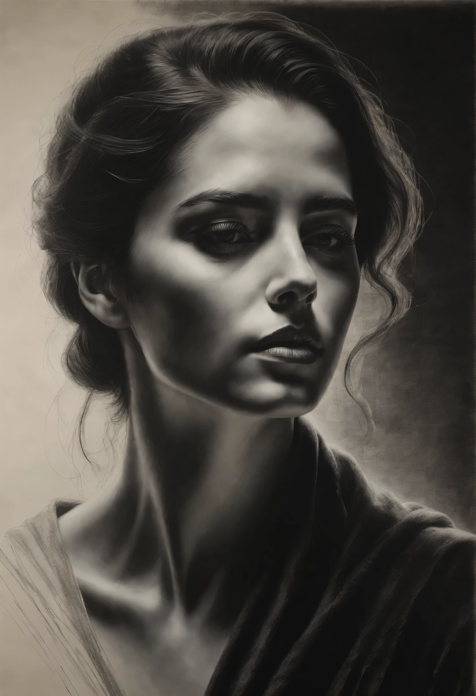 Mejor calidad,ultra detallado,boceto realista:1.5,Charcoal,retrato,Textura del papel,Rasgos faciales detallados,Sombreado y reflejos,dynamic composition,Trazos expresivos,contraste,Luces y sombras,en blanco y negro,Emotion and expression,detalles exquisitos,texturas sutiles,dibujado a mano,Precise lines,arte fino,alto contrastee,dramatic lighting,skilled craftsmanship,Aesthetic appeal,acabado pulido,ejecutado profesionalmente