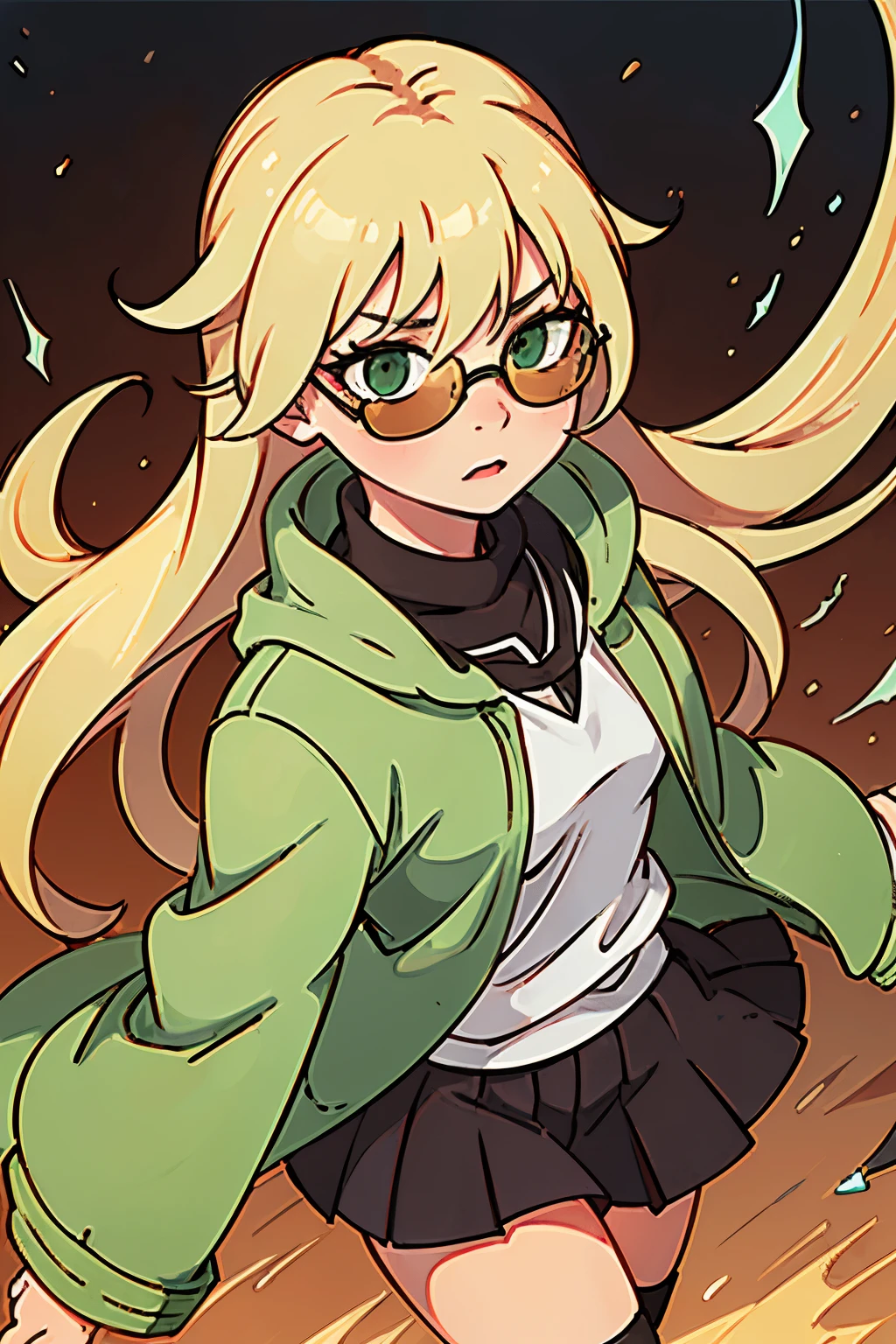 Jujutsu Sorcerer, Female, 17 years old, light green eyes, black sunglasses, blonde hair, school uniform