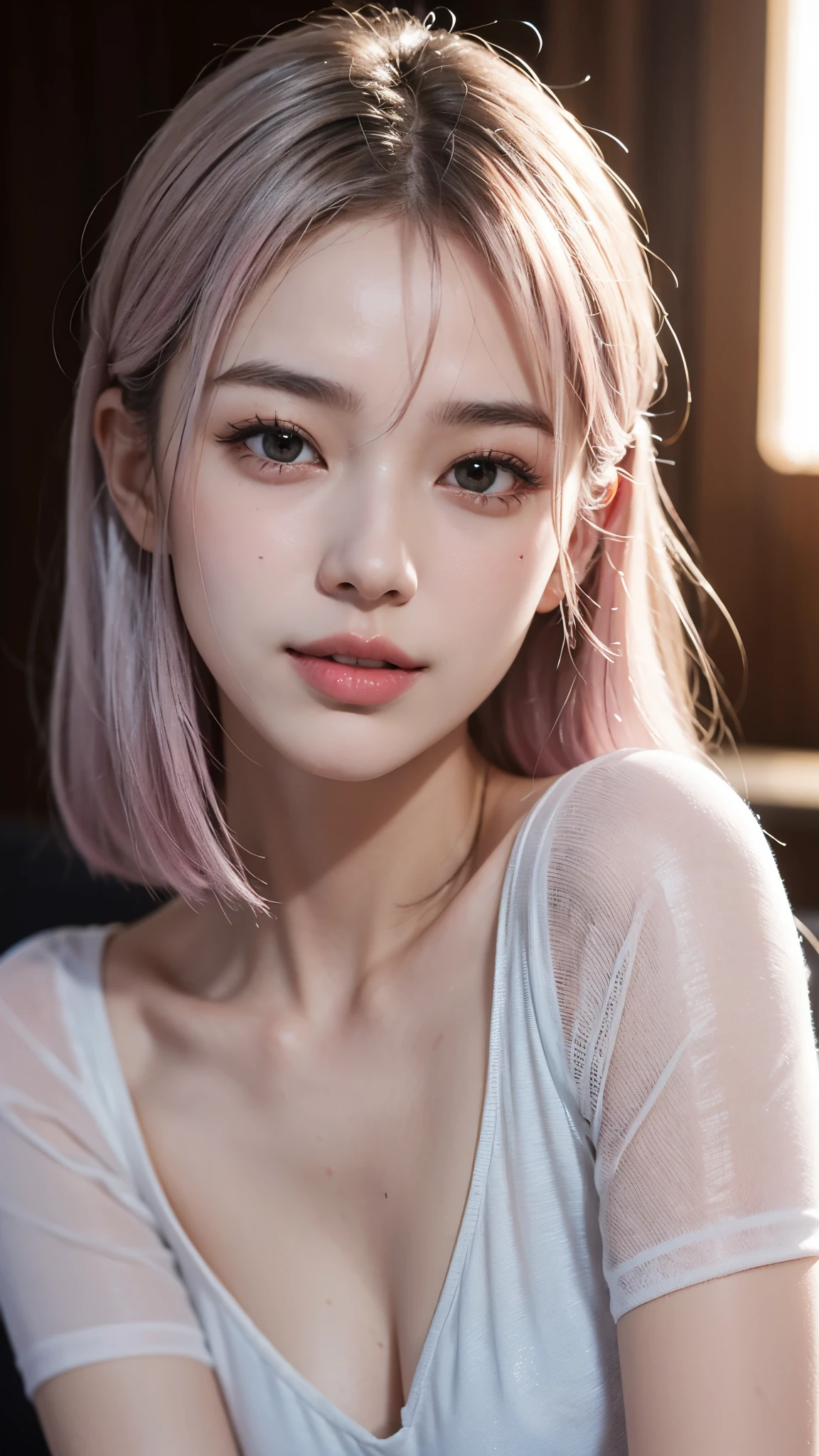(highest quality、8k、16k、masterpiece、Realistic、Super detailed、Beautiful in every detail、ray tracing)、photograph、beautiful asian girl、Face like a Korean idol、25 year old female model、whole body、(detailed clothes)
(detailed face、Golden ratio of beauty)、gentle smile、detailed lips、detailed eyes、((silver hair pink mesh hair color))、medium bob hair、Idol style super cute face、slim and beautiful body、beautiful breasts、Glossy skin、It&#39;s so bright that I look away、
I can&#39;t say anything, even a single word that suits me、
The diffusely reflected sun will take you away、
I felt so lonely that I lowered my eyes.、
The laughter that bounces in this small world resonates so beautifully、
I was saved.、
It&#39;s okay to be lost in this incredible future that repeats moments, so let&#39;s share everything.、