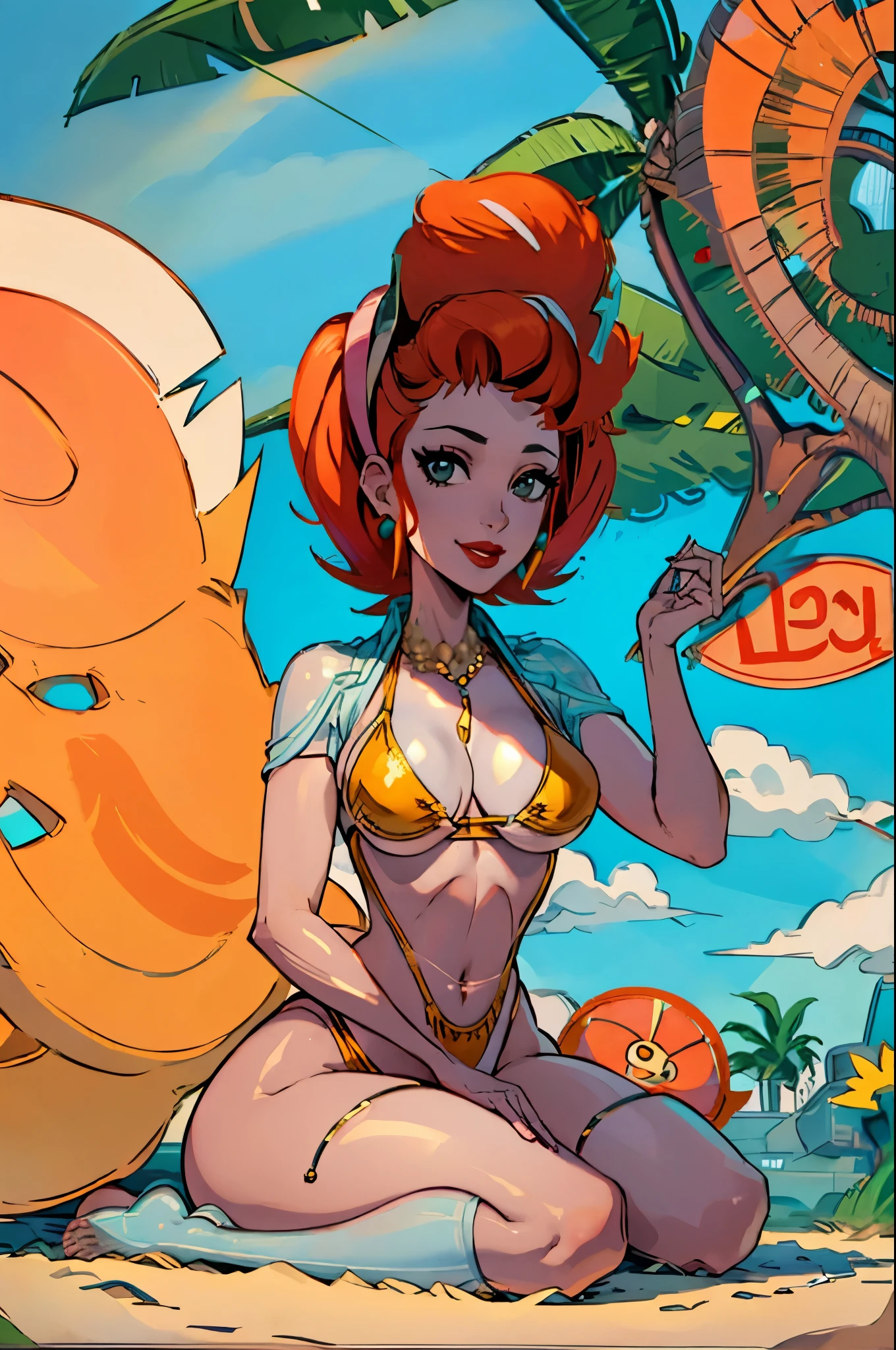 (masterpiece, best quality:1.2), linda_flynn-fletcher, 1girl, jewelry, earrings, solo, lipstick, hairband, makeup, breasts, large breasts, orange hair, short hair, crossed legs, smile, sitting, outdoors, beach, day, looking at viewer, wariza, sky, closed mouth, blue sky, umbrella, cloud, sand, seiza, beach umbrella,clivage ,((gstring bikini))
