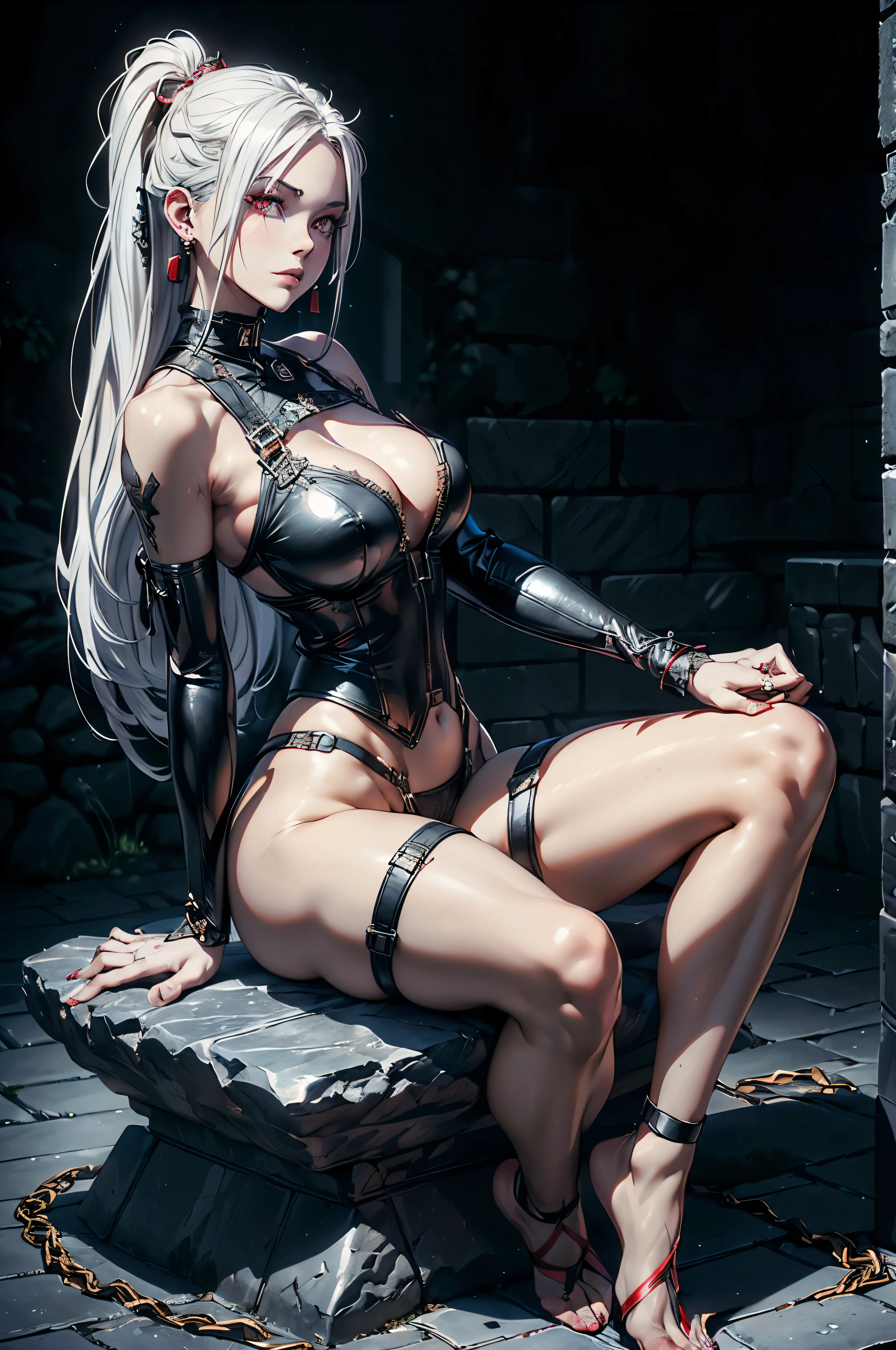 ((3d anime woman, red eyes, extre beautiful eyes, extra detailed eyes), (photo realistic:1.4), (Subsurface Scattering effect on skin:1.2), (bloom shader effect:1), (volumetric light: 1.1)), ((poised beautiful body, (full body shot: 1.5), (low angle shot:1.5), (free hands:1.5), (skull earrings), (nose piercing), (eyebrow piercing), (long stylized thick legs:1), (natural breasts:1), (gorgeous thick hips:1),(white marble skin:1)), ((26 years old woman, sinister chuckle), (long black straight hair to the shoulders), (wearing leather thin straps body harness), (sitting on a stone castle throne)), ((dark scenario from a medieval dungeon castle illuminated by torchlights)), accurate, UHD, retina, masterpiece, anatomically correct, textured skin, ultra high detail, ultra high quality, award winning piece of art, ultra high resolution.