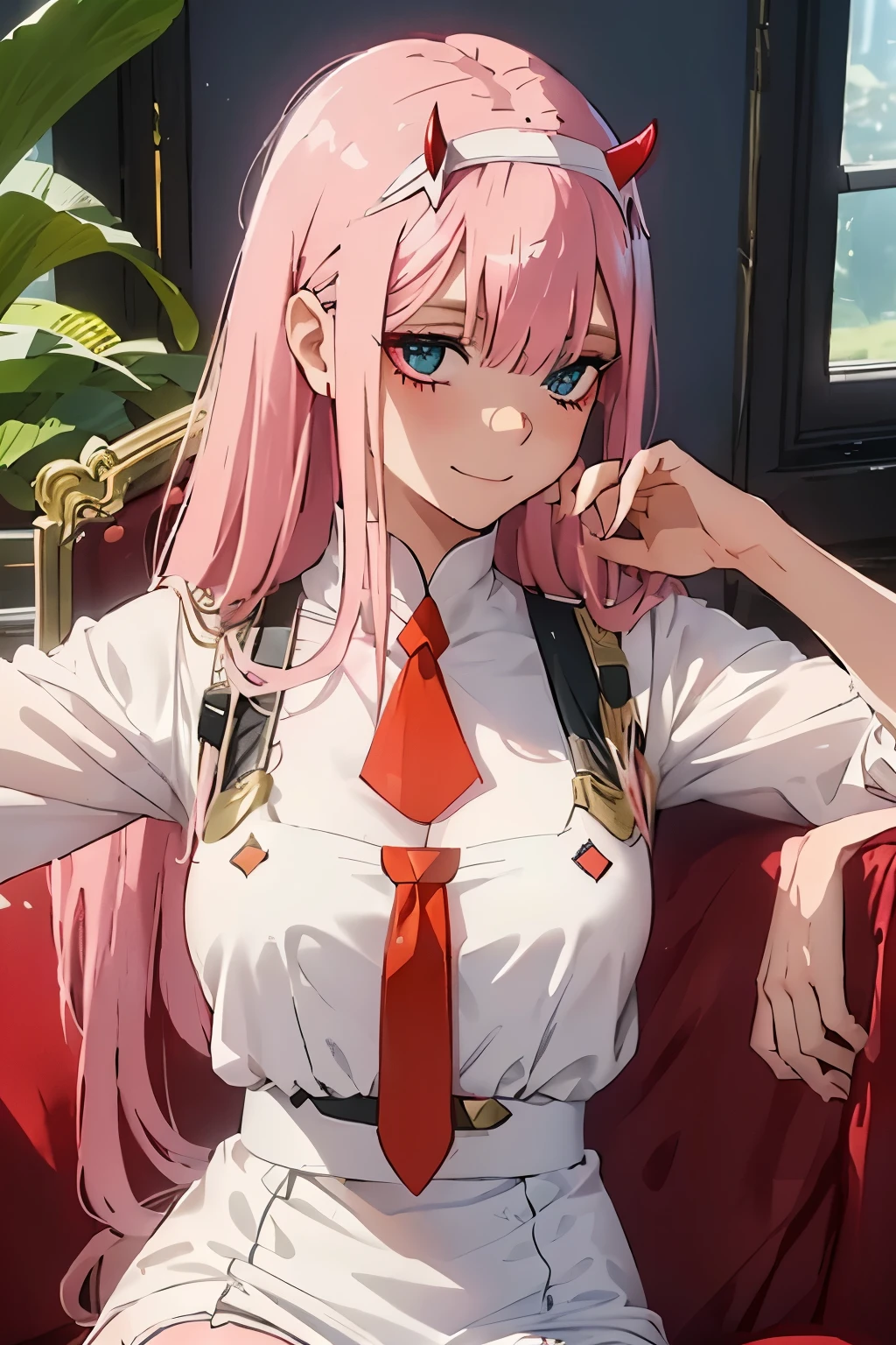 beautiful illustration、top-quality、Cute s、bedroom、pink-haired、lenght hair, red color eyes、(((pink pleated skirt))、(((white sailor suit)))、shortsleeves、a navel、bare-legged、on the beds、lovely thighs、glowing thigh, 1girl, bangs, biting, blush, covered navel, eyeshadow, hair behind head, hand on hip, smile, long hair, looking at viewer, makeup, pilot suit, red eyeshadow, science fiction, skin tight, solo, ((masterpiece)),camel toe, (breast:0.6), 8k, (thick thighs:1.3), beautiful, trap, futa, zero two, small horns
