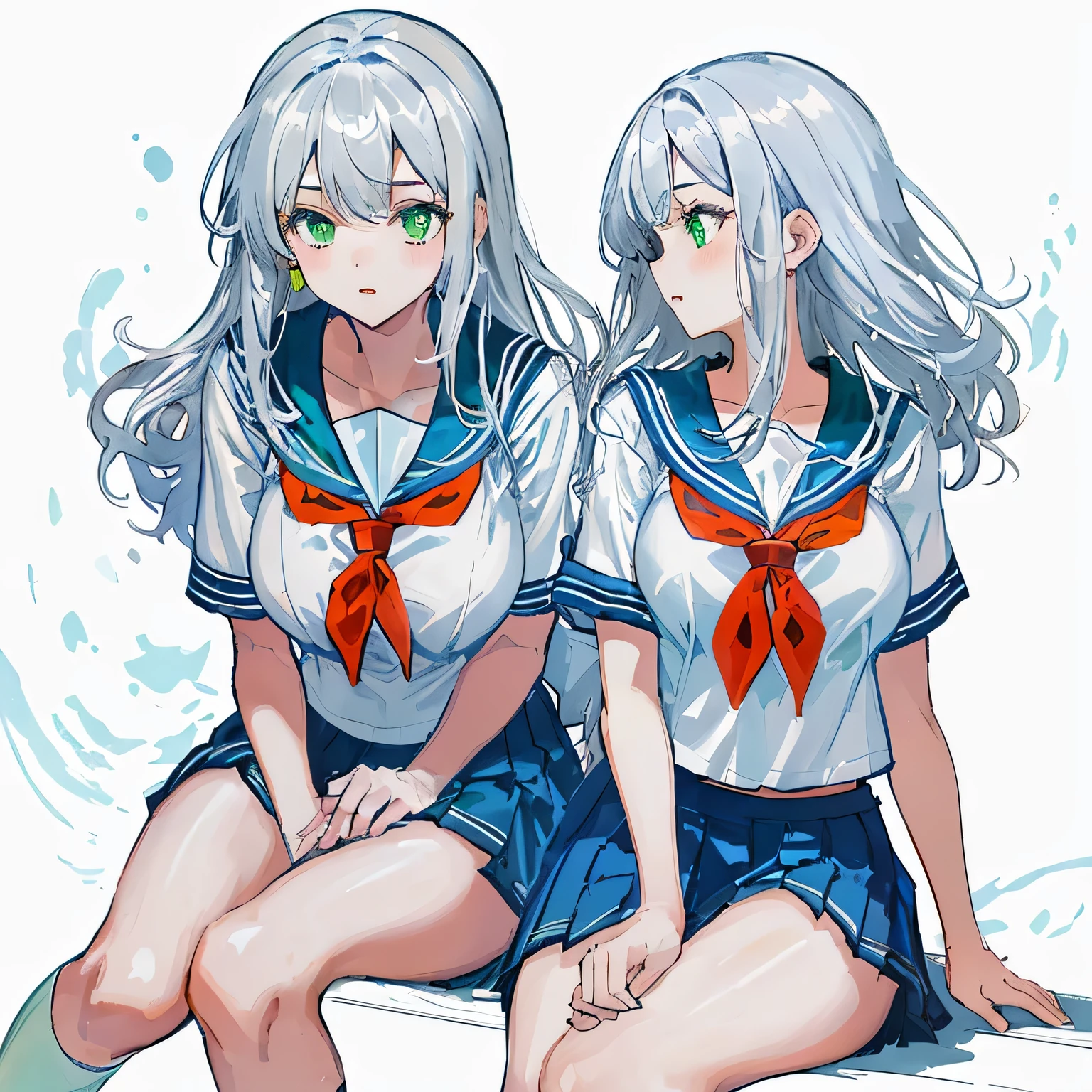 white background,masterpiece, highest quality,figure,sailor suit,slanted eyes,straight hair,silver hair,side parted,super dense skin,beautiful and fine eyes,short sleeve shirt,green eyes,(big breasts:1.2), (A raised and well-defined bust:1.2), (lifted chest:1.2), (perky chest :1.2),high school girl,please sit down,high socks,loafers,bench,