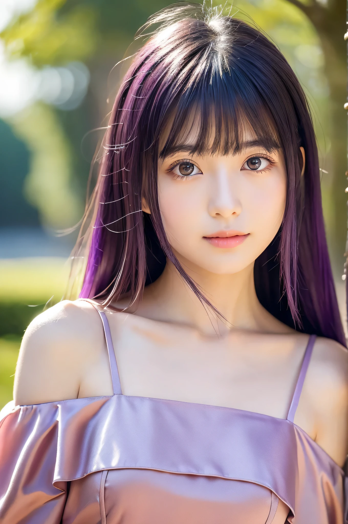 beautiful japanese girl (whole body:1.5) (Shiny purple hair:1.5) Super Long Straight Silk Hair asymmetrical bangs big magic eyes high resolution black eyes smooth and soft skin pale pink lip natural makeup thin eyebrows clear eyes proud look Black A-line dress off shoulder mini skirt Detailed and perfect clavicle beautiful high resolution breasts morning tree lined avenue sunlight professional lighting professional photographer