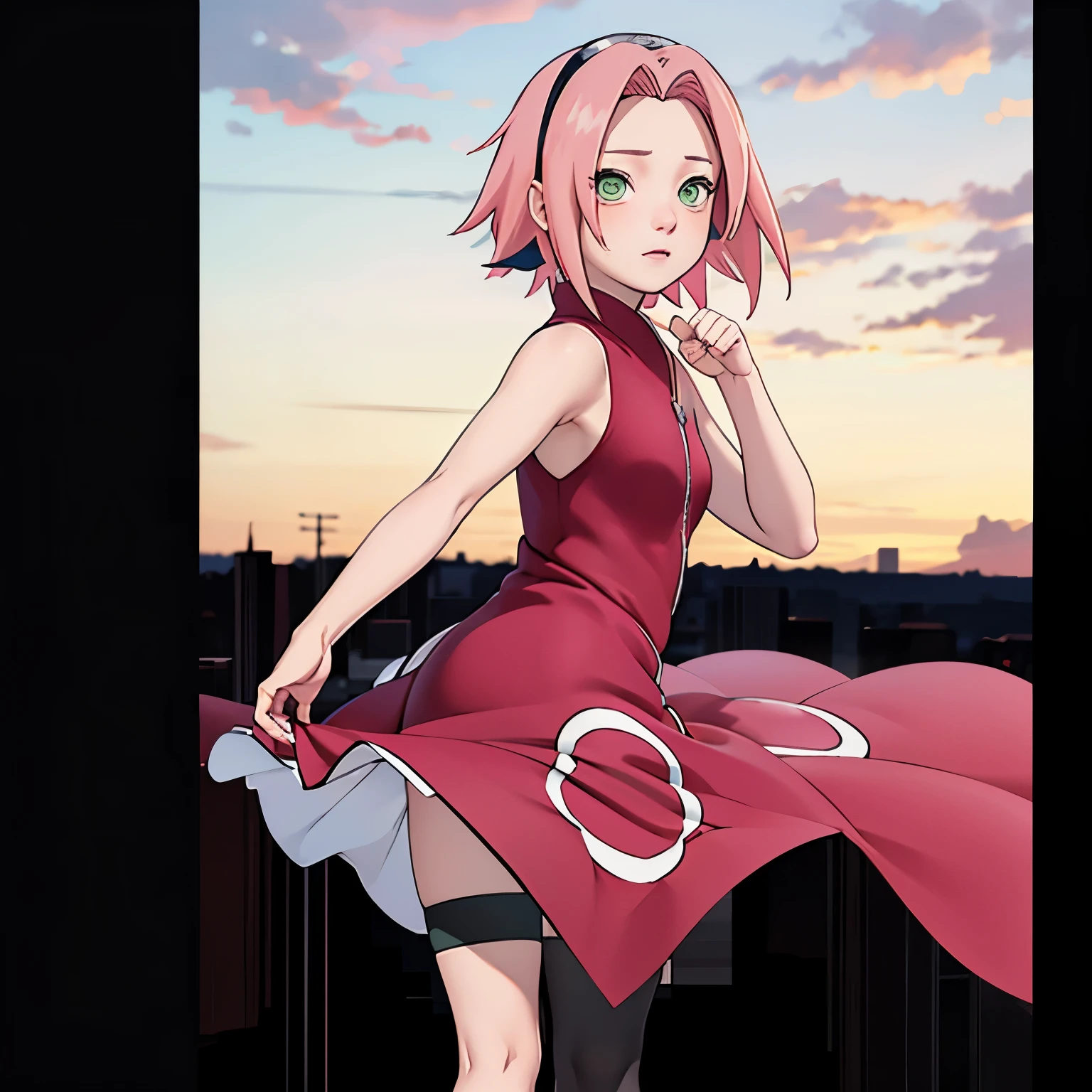 ((Masterpiece: 1.2)), ((high quality)), ((detail)), 1girl, solo, perfect face, pefect body, perfect anatomy, pretty girl, cute girl, sakura haruno, short hair, green eyes, pink hair color, red Qipao, long dress, long dress slit, bare bottom, no panty, hanging up ass, pussy visible from behind, black stockings, high sock knee, black sock, realistic, reality, high quality image, ultra detail, 8k
