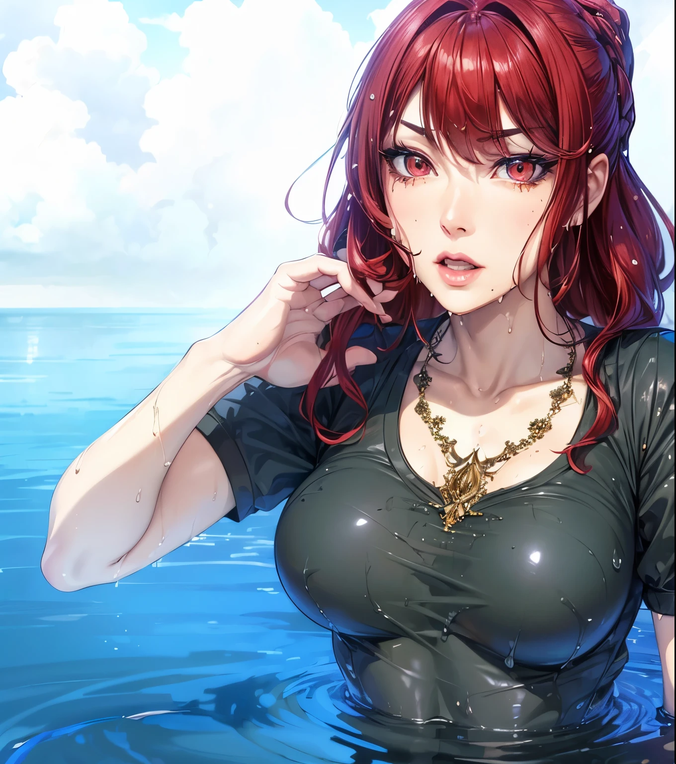 (masterpiece, best quality:1.4), (extremely detailed, 8k, uhd), cinematic shot, natural lighting, ultra highres, vibrant rich colors, (beautiful, aesthetic, perfect, delicate, intricate:1.2), (sharp focus, from front:1.3), eye level shot, 1girl, portrait of a anime girl, young, red hair, (extremely hot, attractive, beautiful, sexy, feminine:1.2) serious expression, serious look, serious eyes, expressive brown eyes, long eyelashes, relaxed,(beautiful detailed face, highly detailed skin, red eyes), gorgeous, breathtaking beauty, seductive, captivating, pale skin, perfect female figure, (slim:0.5), ( wet, wet clothes, wet hair, water :1.2), (highly saturated lipstick, luscious thick lips), intricate details, daytime, award winning photography, detailed background, volumetric fx, anime, hyper-detailed