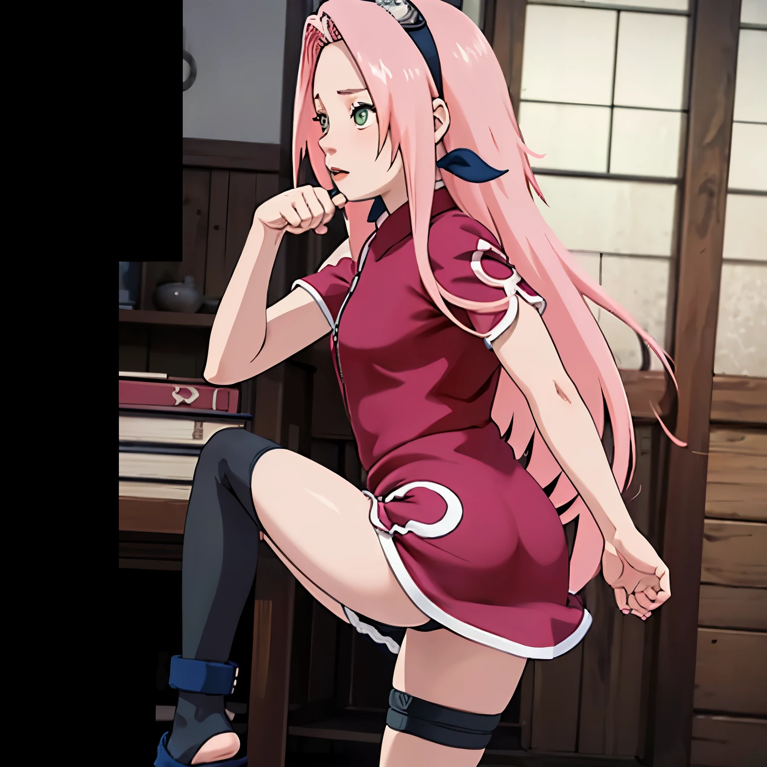 ((Masterpiece: 1.2)), ((high quality)), ((detail)), 1girl, solo, perfect face, pefect body, perfect anatomy, pretty girl, cute girl, sakura haruno, long hair, green eyes, pink hair color, red Qipao, long dress, long dress slit, bare bottom, no panty, hanging up ass, pussy visible from behind, black stockings, high sock knee, black sock, realistic, reality, high quality image, ultra detail, 8k