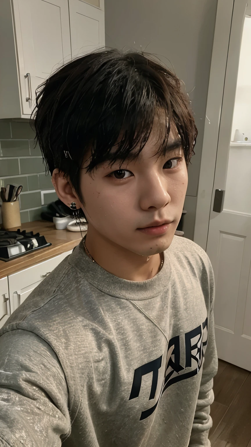 A 21 year old Korean man, BTS singer style, wet hair, team sweater, taking a selfie, just his face, with small earrings, self photo, shy, in the kitchen,