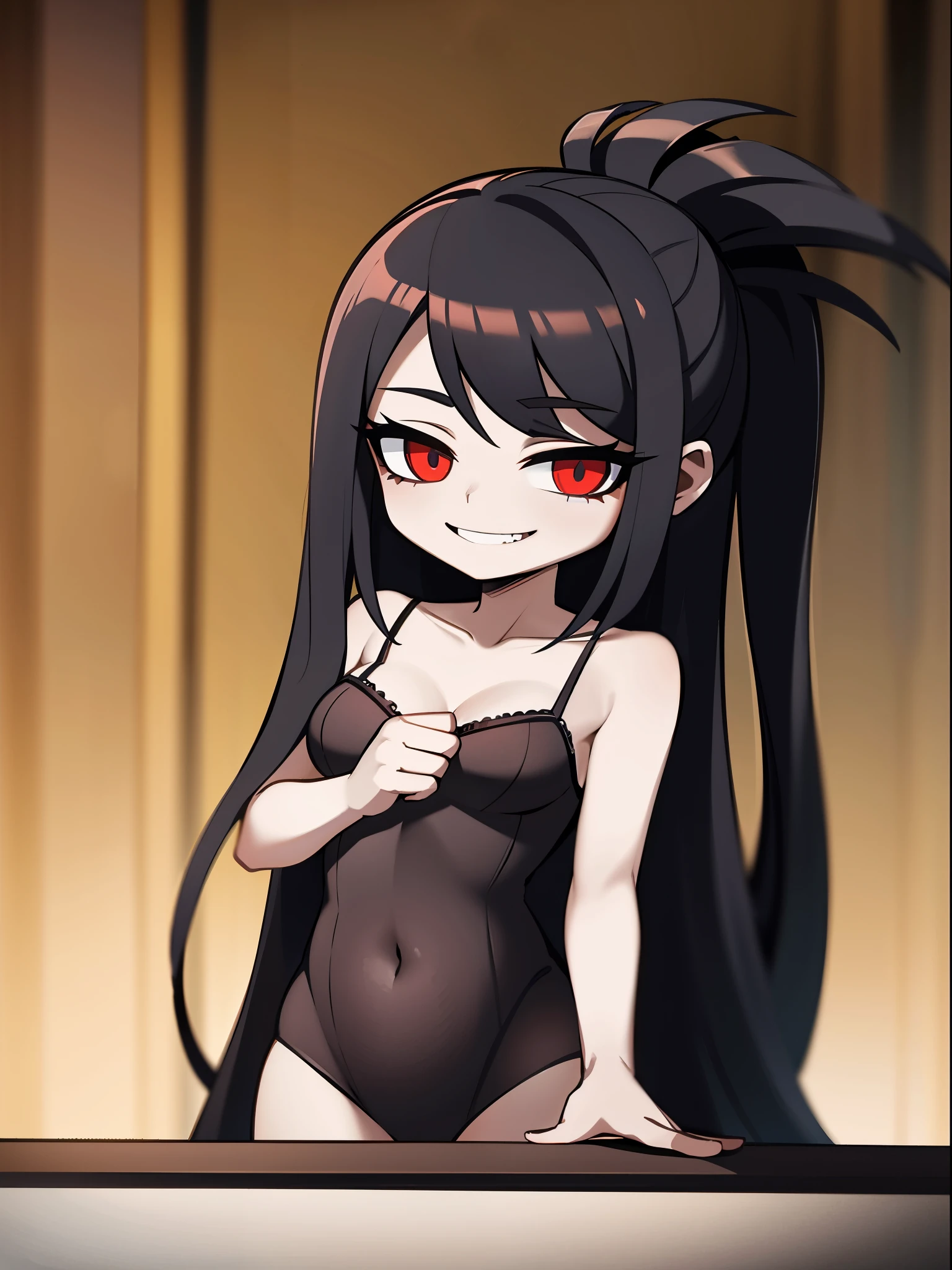 anime com cabelo preto longo e olhos vermelhos em um vestido preto, estilo de arte anime moe, garota anime sedutora, small and curvy, Akane Owari Danganronpa, sorriso sensual, garota de anime usando um vestido preto, VESTIDO, por Jin Homura, estilo de anime ecchi, Rin Tohsaka