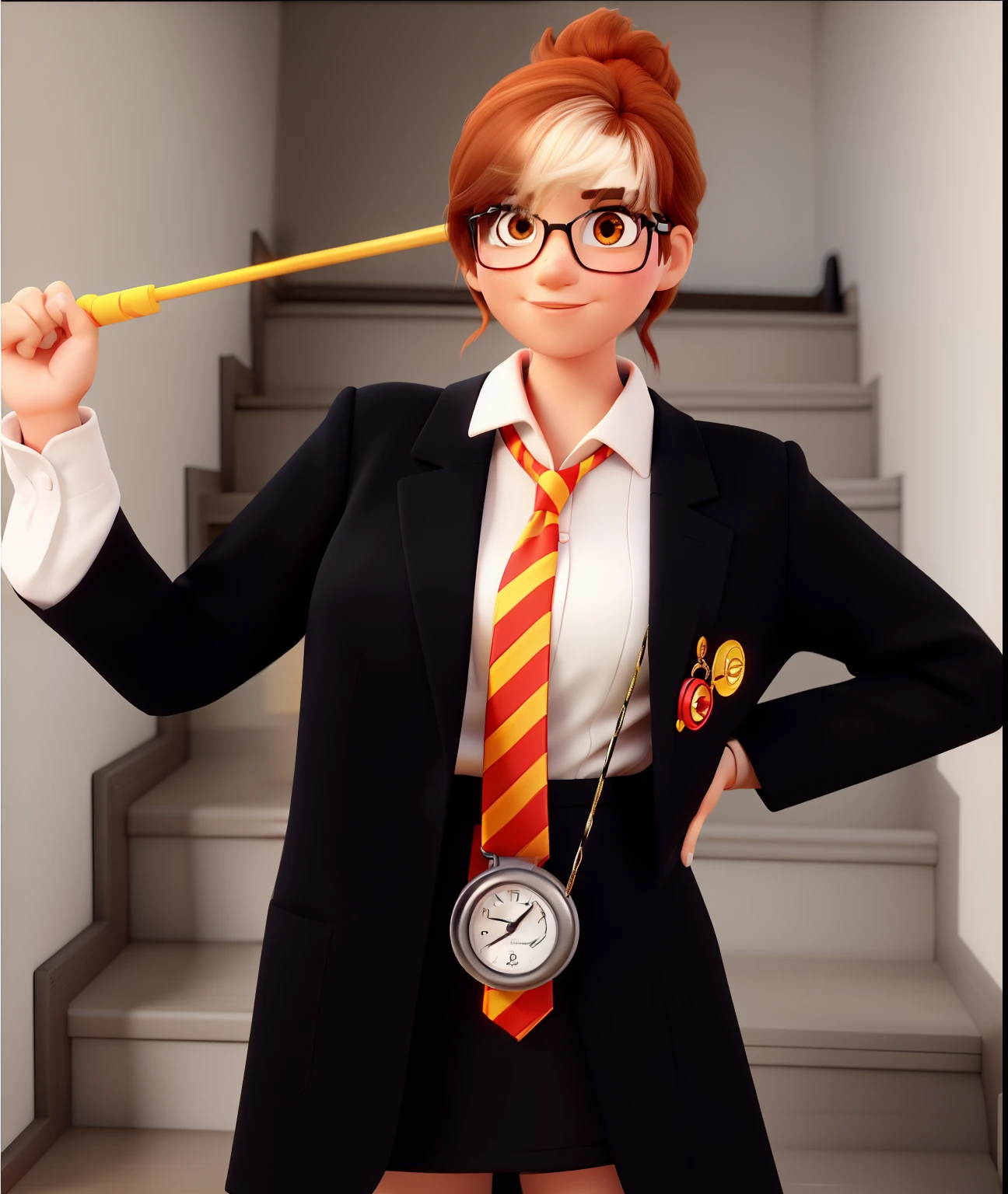 create pixar style 3d image, a woman in a black suit and red and yellow striped tie, holding a magic wand! Light fur color with red cheeks, light brown eyes, straight black hair and very pretty