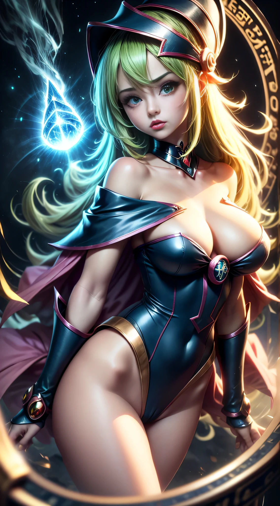 Hermosa joven dark magician gils con cabello rubio y ojos verdes、Anime style、small . Pose sujestiva y . Cara de inocencia cuerpo de pecado. Fondo de magia. Circulos magicos. de perfil su rostro
