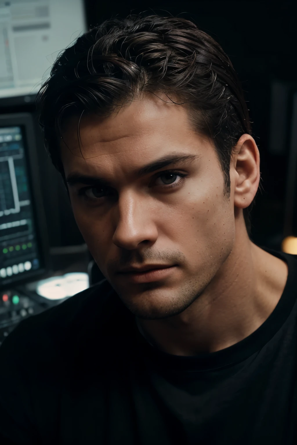 (A close up portrait of a serious looking 25 year old man looking directly at the camera, standing straight, (in audio studio) hands relaxed, square jaws, masculine face, buff looking, (wear black t shirt), detailed clothing texture realistic skin texture, sharp focus, front view, waist up shot, high contrast, strong backlighting, action film dark color lut, cinematic luts, outzoom