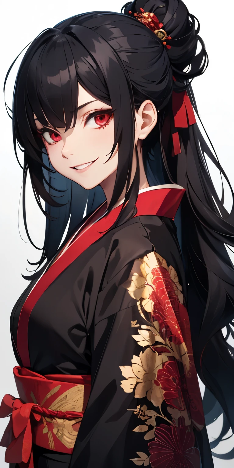 Woman, black messy long hair, side left hair style, red eyes, evil smile, adult body, black kimono clothes, red details in clothes,