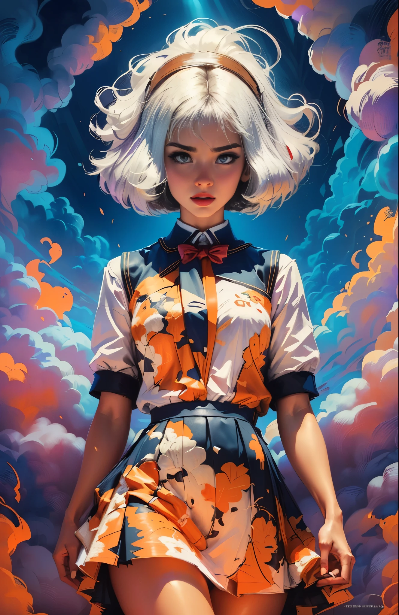 best quality, 8K ,((((dramatic))), hyper detailed ,cover magazine featuring a realistic sexy girl with, a pretty face, white hair, (bob long haircut style), purple eyes,(((sexy school uniform)))
