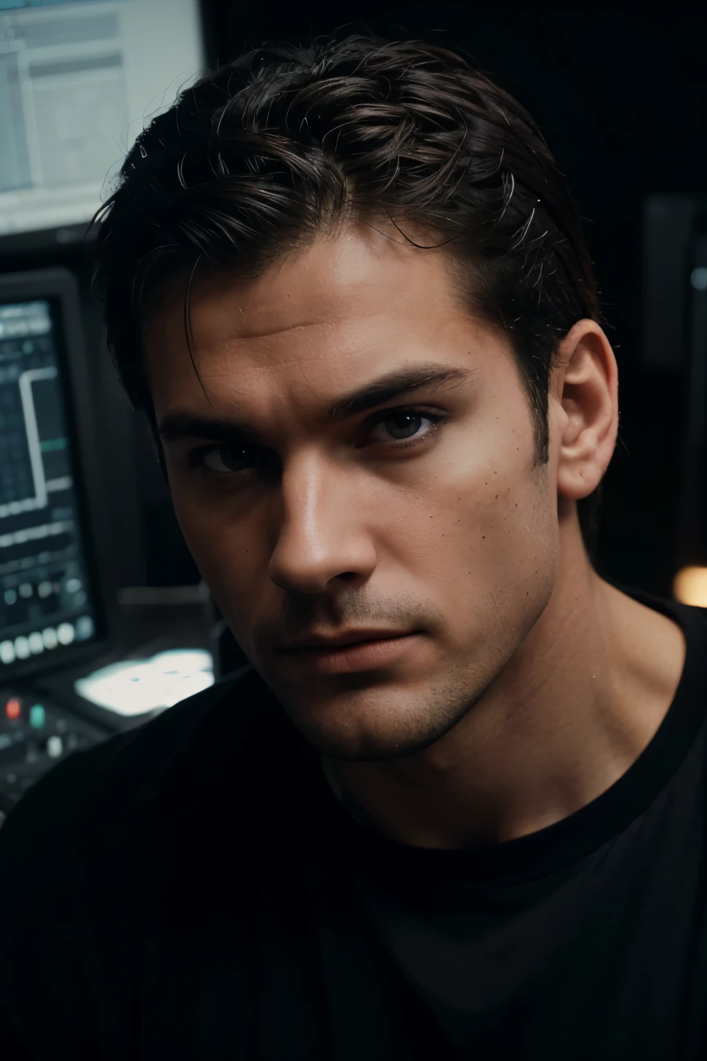 (A close up portrait of a serious looking 25 year old man looking directly at the camera, standing straight, (in audio studio) hands relaxed, square jaws, masculine face, buff looking, (wear black t shirt), detailed clothing texture realistic skin texture, sharp focus, front view, waist up shot, high contrast, strong backlighting, action film dark color lut, cinematic luts, outzoom