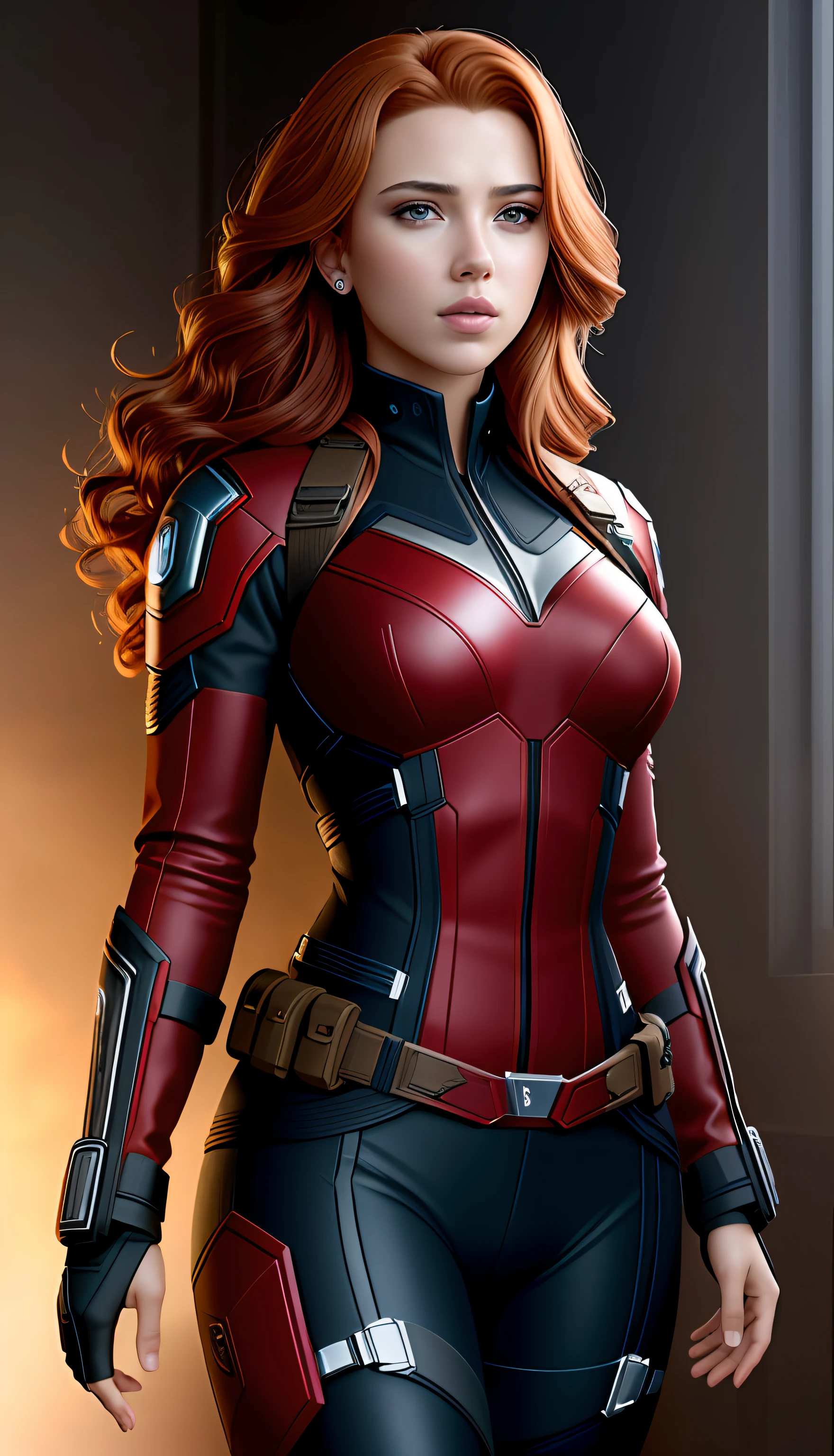 (masterpiece), (best quality), (photorealistic:1.3), 8k, detailed skin texture, detailed fabric texture, beautiful detailed face, gorgeous eyes and great intricate details, ultra detailed, Scarlett Johansson, Black Widow in Captain America style, pure red hair, (full body: 1.2)