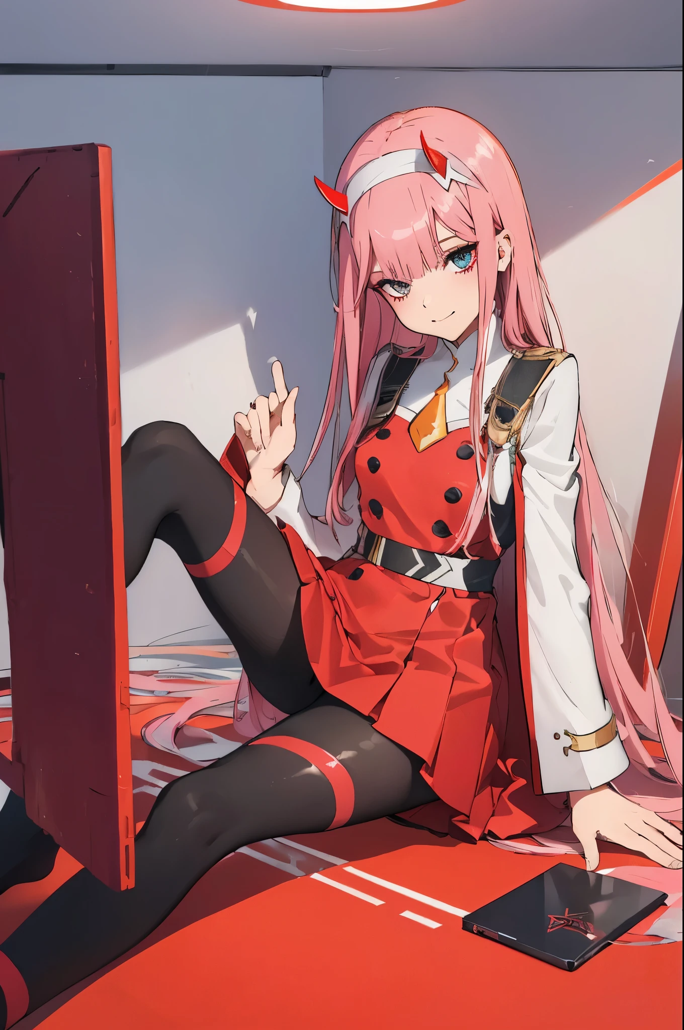 beautiful illustration、top-quality、Cute  s、bedroom、pink-haired、lenght hair, red color eyes、(((pink pleated skirt))、(((white sailor suit)))、shortsleeves、a navel、bare-legged、on the beds、lovely thighs、glowing thigh, 1girl, bangs, biting, blush, covered navel, eyeshadow, hair behind head, hand on hip, smile, long hair, looking at viewer, makeup, pilot suit, red eyeshadow, science fiction, skin tight, solo, ((masterpiece)),camel toe, (breast:0.6), 8k, (thick thighs:1.3), beautiful, trap, futa, zero two, small horns
