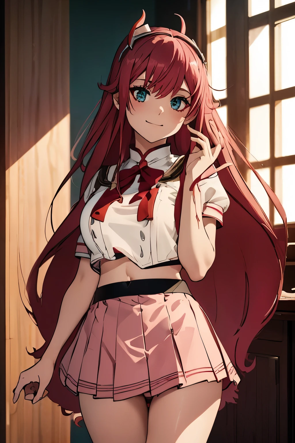 beautiful illustration、top-quality、Cute s、bedroom、pink-haired、lenght hair, red color eyes、(((pink pleated skirt))、(((white sailor suit)))、shortsleeves、a navel、bare-legged、on the beds、lovely thighs、glowing thigh, 1girl, bangs, biting, blush, covered navel, eyeshadow, hair behind head, hand on hip, smile, long hair, looking at viewer, makeup, pilot suit, red eyeshadow, science fiction, skin tight, solo, ((masterpiece)),camel toe, (breast:0.6), 8k, (thick thighs:1.3), beautiful, trap, futa, zero two, small horns