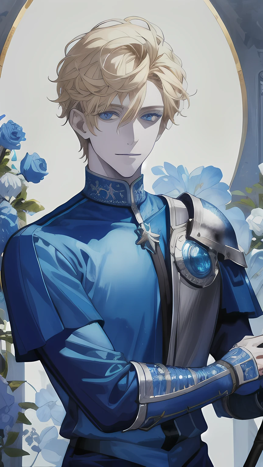 boy, knight in shining armor, blonde short curly hair, Blue eyes, joyful expression of a knight, fencing, medieval, (Best quality, 4K, a high resolution, masterpiece:1.2), ultra detailed, (Realistic:1.37), HDR, Studio lighting, very detailed description, professional, bright colors, portraits, Hips, Cool color tones