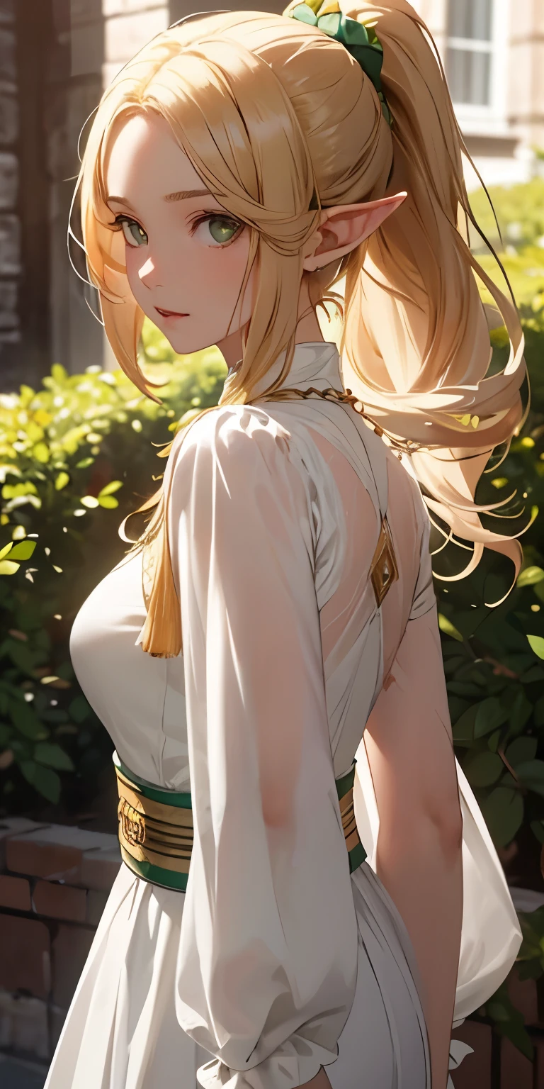 elf with golden hair, ponytail hair, long white clothes adorned with light green, brown eyes