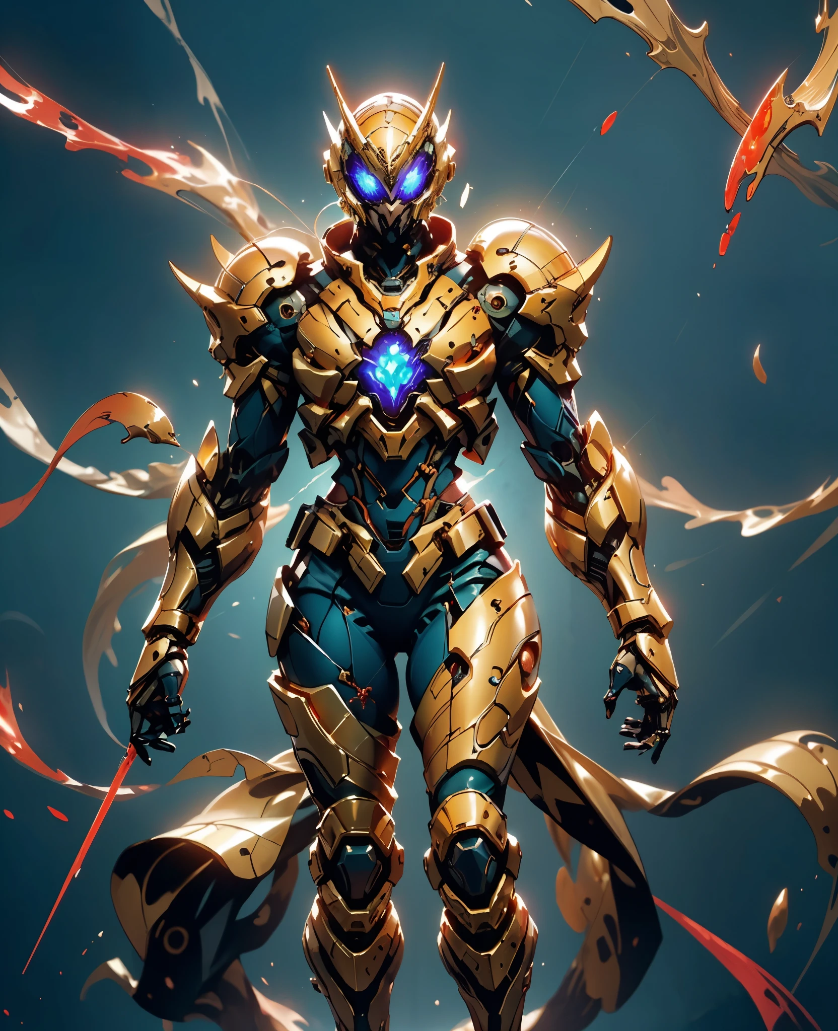 A woman adorned in fantasy-style full-body armor, a crown-concept fully enclosed helmet that unveils only her eyes, a composite layered chest plate, fully encompassing shoulder and hand guards, a lightweight waist armor, form-fitting shin guards, the overall design is heavy-duty yet flexible, (the armor gleams with a golden glow, complemented by red and blue accents), exhibiting a noble aura, she floats above a fantasy-surreal high-tech city, this character embodies a finely crafted fantasy-surreal style armored hero in anime style, exquisite and mature manga art style, (Queen Bee Concept Armor, blood), ((plasma, bio mecha, long legs, elegant, goddess, femminine:1.5)), metallic, high definition, best quality, highres, ultra-detailed, ultra-fine painting, extremely delicate, professional, anatomically correct, symmetrical face, extremely detailed eyes and face, high quality eyes, creativity, RAW photo, UHD, 32k, Natural light, cinematic lighting, masterpiece-anatomy-perfect, masterpiece:1.5