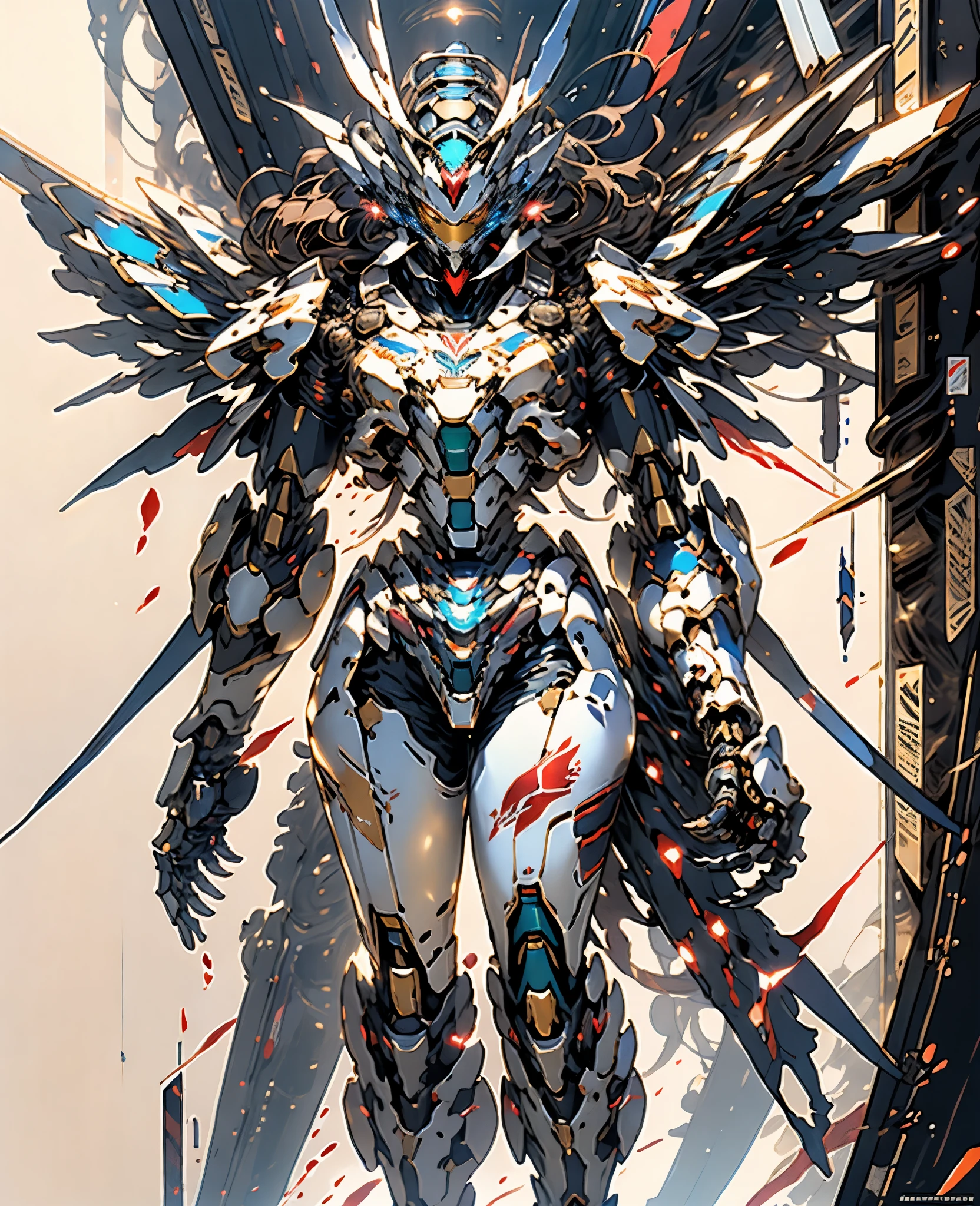 A woman adorned in fantasy-style full-body armor, a crown-concept fully enclosed helmet that unveils only her eyes, a composite layered chest plate, fully encompassing shoulder and hand guards, a lightweight waist armor, form-fitting shin guards, the overall design is heavy-duty yet flexible, (the armor gleams with a golden glow, complemented by red and blue accents), exhibiting a noble aura, she floats above a fantasy-surreal high-tech city, this character embodies a finely crafted fantasy-surreal style armored hero in anime style, exquisite and mature manga art style, (Queen Bee Concept Armor, blood), ((plasma, bio mecha, long legs, elegant, goddess, femminine:1.5)), metallic, high definition, best quality, highres, ultra-detailed, ultra-fine painting, extremely delicate, professional, anatomically correct, symmetrical face, extremely detailed eyes and face, high quality eyes, creativity, RAW photo, UHD, 32k, Natural light, cinematic lighting, masterpiece-anatomy-perfect, masterpiece:1.5