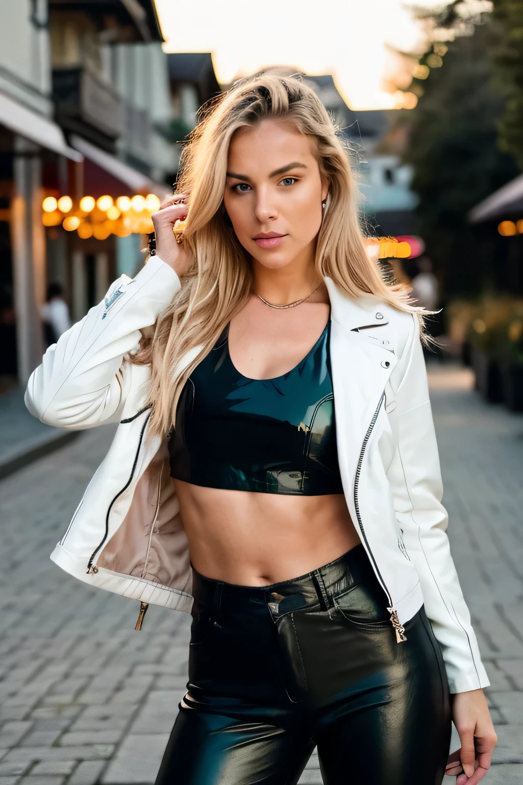 23 year old girl, view the viewer, Blonde hair, Brown eyes, jewely, full-length, blonde woman standing in a whistler square ( - Canada), wearing a green leather jacket over a thin white top. She wears matte black leather pants. The woman has a beautiful, toned, body. The image is realistic, highly detailed. Very high resolution, 8k rendering, late afternoon lighting with the sun setting and the horizon red. The city lights are on. The lighting is perfect, the scene is sharp, extreme realism, cinematic image, Open lips, actual, nase, flirting with the camera elegant hand, realistic hand, elegant fingers. 