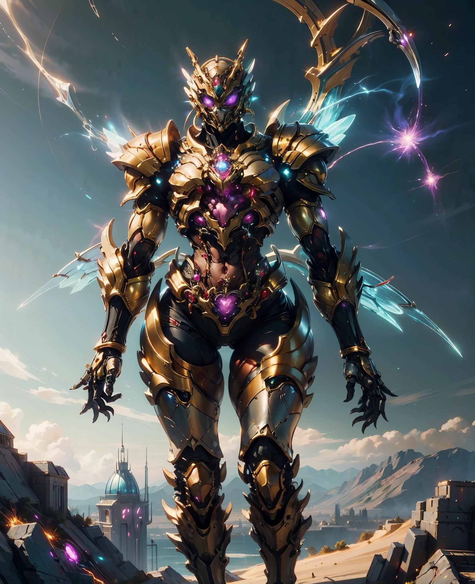 A woman adorned in fantasy-style full-body armor, a crown-concept fully enclosed helmet that unveils only her eyes, a composite layered chest plate, fully encompassing shoulder and hand guards, a lightweight waist armor, form-fitting shin guards, the overall design is heavy-duty yet flexible, (the armor gleams with a golden glow, complemented by red and blue accents), exhibiting a noble aura, she floats above a fantasy-surreal high-tech city, this character embodies a finely crafted fantasy-surreal style armored hero in anime style, exquisite and mature manga art style, (Queen Bee Concept Armor, blood), ((plasma, bio mecha, long legs, elegant, goddess, femminine:1.5)), metallic, high definition, best quality, highres, ultra-detailed, ultra-fine painting, extremely delicate, professional, anatomically correct, symmetrical face, extremely detailed eyes and face, high quality eyes, creativity, RAW photo, UHD, 32k, Natural light, cinematic lighting, masterpiece-anatomy-perfect, masterpiece:1.5