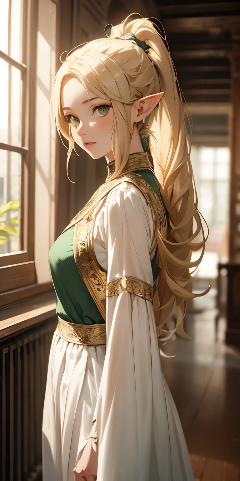 elf with golden hair, ponytail hair, long white clothes adorned with light green, brown eyes