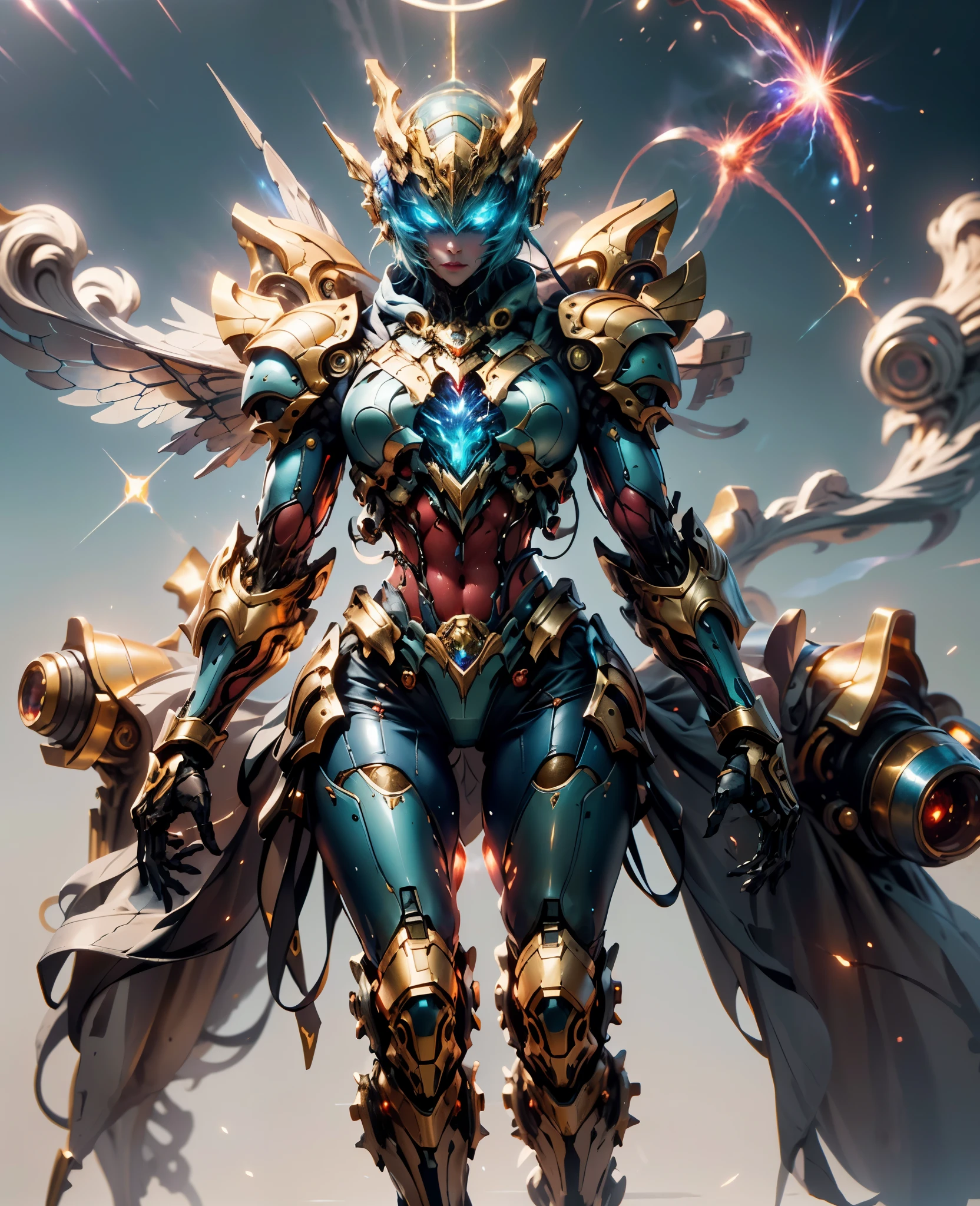 A woman adorned in fantasy-style full-body armor, a crown-concept fully enclosed helmet that unveils only her eyes, a composite layered chest plate, fully encompassing shoulder and hand guards, a lightweight waist armor, form-fitting shin guards, the overall design is heavy-duty yet flexible, (the armor gleams with a golden glow, complemented by red and blue accents), exhibiting a noble aura, she floats above a fantasy-surreal high-tech city, this character embodies a finely crafted fantasy-surreal style armored hero in anime style, exquisite and mature manga art style, (Queen Bee Concept Armor, blood), ((plasma, bio mecha, long legs, elegant, goddess, femminine:1.5)), metallic, high definition, best quality, highres, ultra-detailed, ultra-fine painting, extremely delicate, professional, anatomically correct, symmetrical face, extremely detailed eyes and face, high quality eyes, creativity, RAW photo, UHD, 32k, Natural light, cinematic lighting, masterpiece-anatomy-perfect, masterpiece:1.5