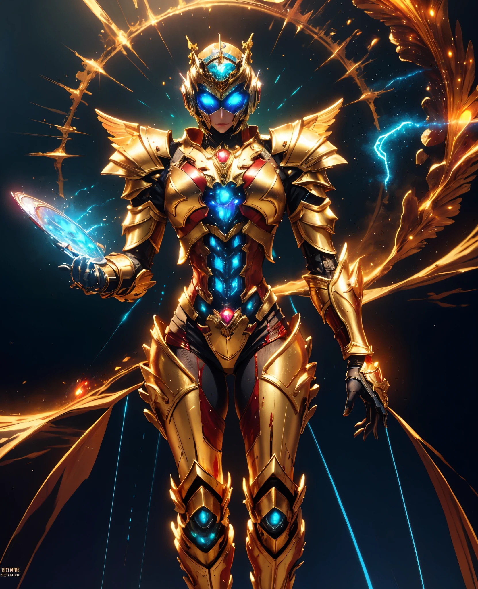 A woman adorned in fantasy-style full-body armor, a crown-concept fully enclosed helmet that unveils only her eyes, a composite layered chest plate, fully encompassing shoulder and hand guards, a lightweight waist armor, form-fitting shin guards, the overall design is heavy-duty yet flexible, (the armor gleams with a golden glow, complemented by red and blue accents), exhibiting a noble aura, she floats above a fantasy-surreal high-tech city, this character embodies a finely crafted fantasy-surreal style armored hero in anime style, exquisite and mature manga art style, (Queen Bee Concept Armor, blood), ((plasma, bio mecha, long legs, elegant, goddess, femminine:1.5)), metallic, high definition, best quality, highres, ultra-detailed, ultra-fine painting, extremely delicate, professional, anatomically correct, symmetrical face, extremely detailed eyes and face, high quality eyes, creativity, RAW photo, UHD, 32k, Natural light, cinematic lighting, masterpiece-anatomy-perfect, masterpiece:1.5