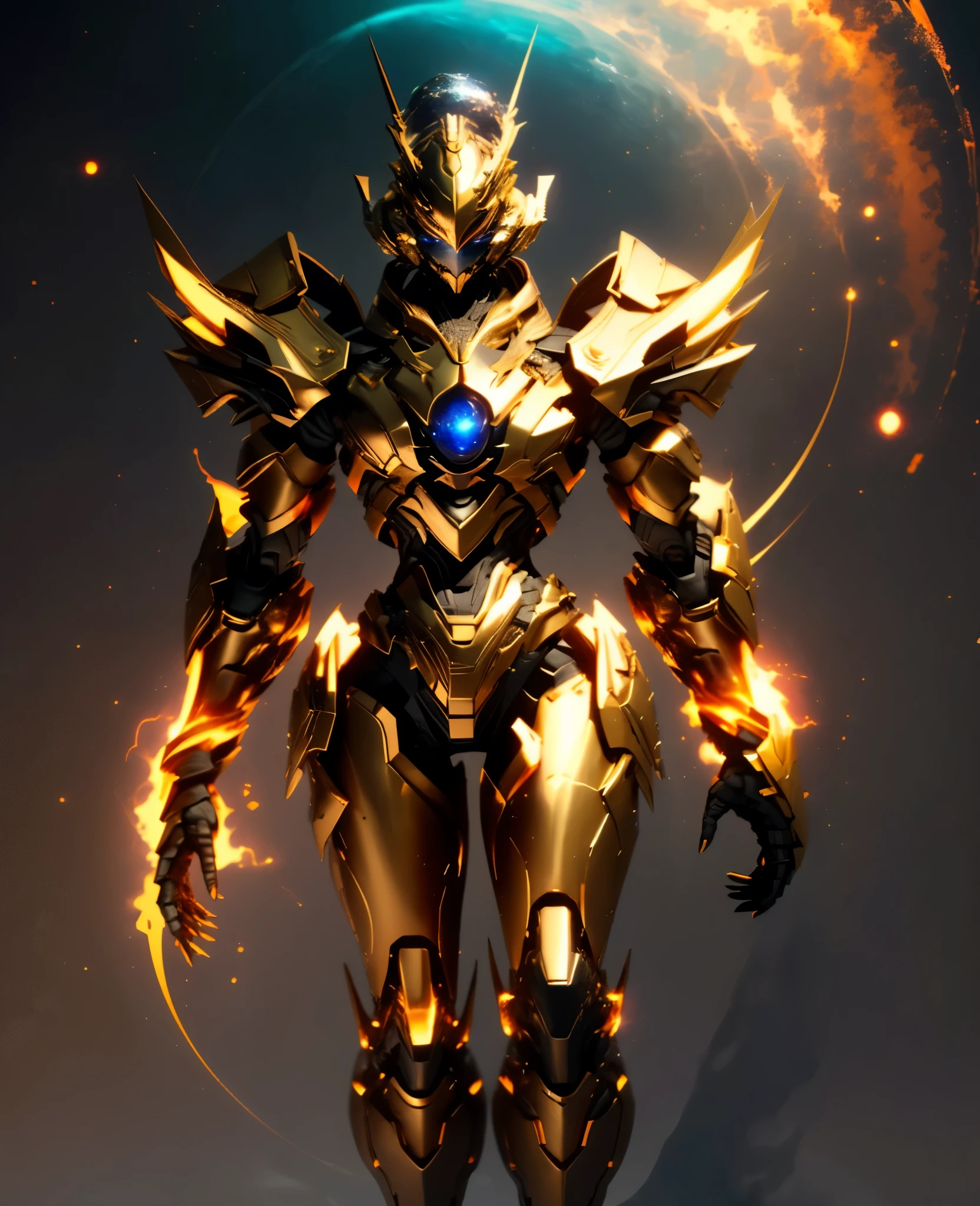 A woman adorned in fantasy-style full-body armor, a crown-concept fully enclosed helmet that unveils only her eyes, a composite layered chest plate, fully encompassing shoulder and hand guards, a lightweight waist armor, form-fitting shin guards, the overall design is heavy-duty yet flexible, (the armor gleams with a golden glow, complemented by red and blue accents), exhibiting a noble aura, she floats above a fantasy-surreal high-tech city, this character embodies a finely crafted fantasy-surreal style armored hero in anime style, exquisite and mature manga art style, (Queen Bee Concept Armor, blood), ((plasma, bio mecha, long legs, elegant, goddess, femminine:1.5)), metallic, high definition, best quality, highres, ultra-detailed, ultra-fine painting, extremely delicate, professional, anatomically correct, symmetrical face, extremely detailed eyes and face, high quality eyes, creativity, RAW photo, UHD, 32k, Natural light, cinematic lighting, masterpiece-anatomy-perfect, masterpiece:1.5