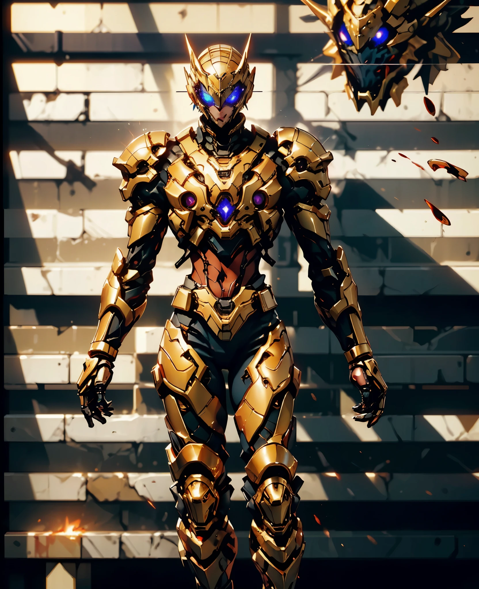 A woman adorned in fantasy-style full-body armor, a crown-concept fully enclosed helmet that unveils only her eyes, a composite layered chest plate, fully encompassing shoulder and hand guards, a lightweight waist armor, form-fitting shin guards, the overall design is heavy-duty yet flexible, (the armor gleams with a golden glow, complemented by red and blue accents), exhibiting a noble aura, she floats above a fantasy-surreal high-tech city, this character embodies a finely crafted fantasy-surreal style armored hero in anime style, exquisite and mature manga art style, (Queen Bee Concept Armor, blood), ((plasma, bio mecha, long legs, elegant, goddess, femminine:1.5)), metallic, high definition, best quality, highres, ultra-detailed, ultra-fine painting, extremely delicate, professional, anatomically correct, symmetrical face, extremely detailed eyes and face, high quality eyes, creativity, RAW photo, UHD, 32k, Natural light, cinematic lighting, masterpiece-anatomy-perfect, masterpiece:1.5