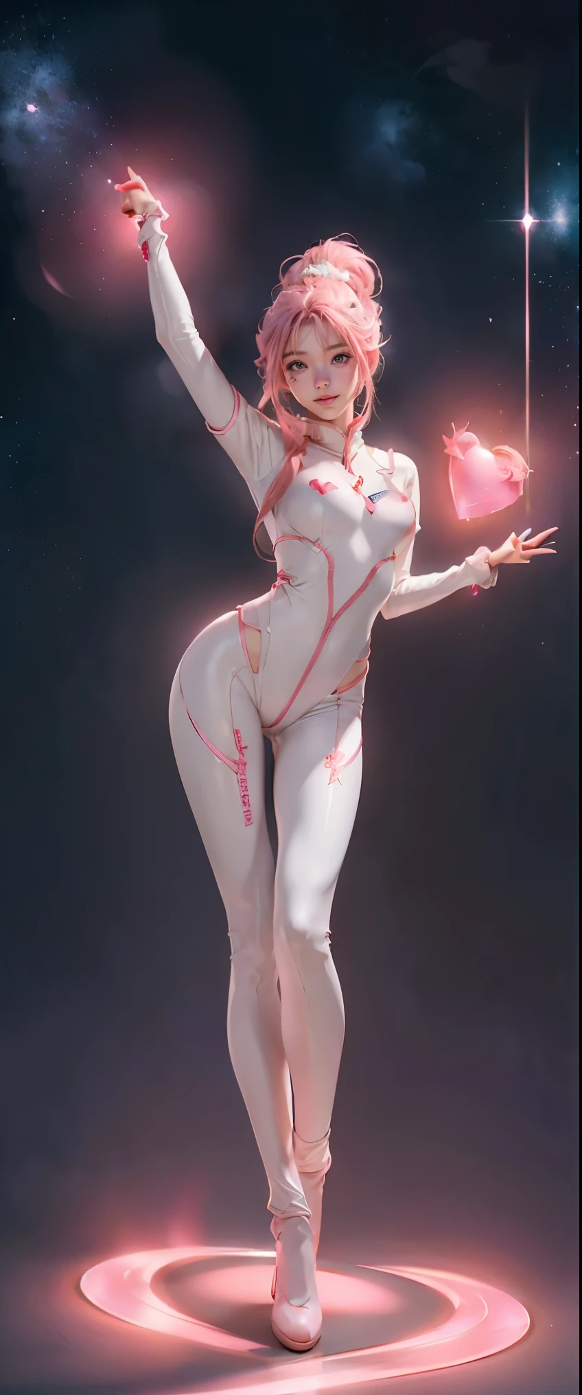 masterpiece、detailed、16K、shiny skin、1girl、(magical girl flying in the night sky)、(白いfull body suitを着ている:1.5)、Are standing、big breasts、big ass、(focus on chest)、pink long blonde、ponytail、green eyes、(非常にdetailedな目と顔)、Accurately drawn face、(複雑なピンクと白のfull body suit、hair ornaments、vivid contrasting colors、intricately designed details:1.2)、(best ratio 1 thumb、Refers to 4 books:1.3)、(heart shaped pink effect:1.5)、(dynamic pose)、(Ghost Smile)、(open your arms:1.2)、(Sparks dance in the night sky:1.3)、(view from below)、A woman wearing a white and pink suit taking a photo, full body suit, タイトなfull body suit, white body, Full body close-up shot, Eva style pilot suit, in a latex suit, laserpunk full body suit, Lacus Clyne, streamlined pink armor