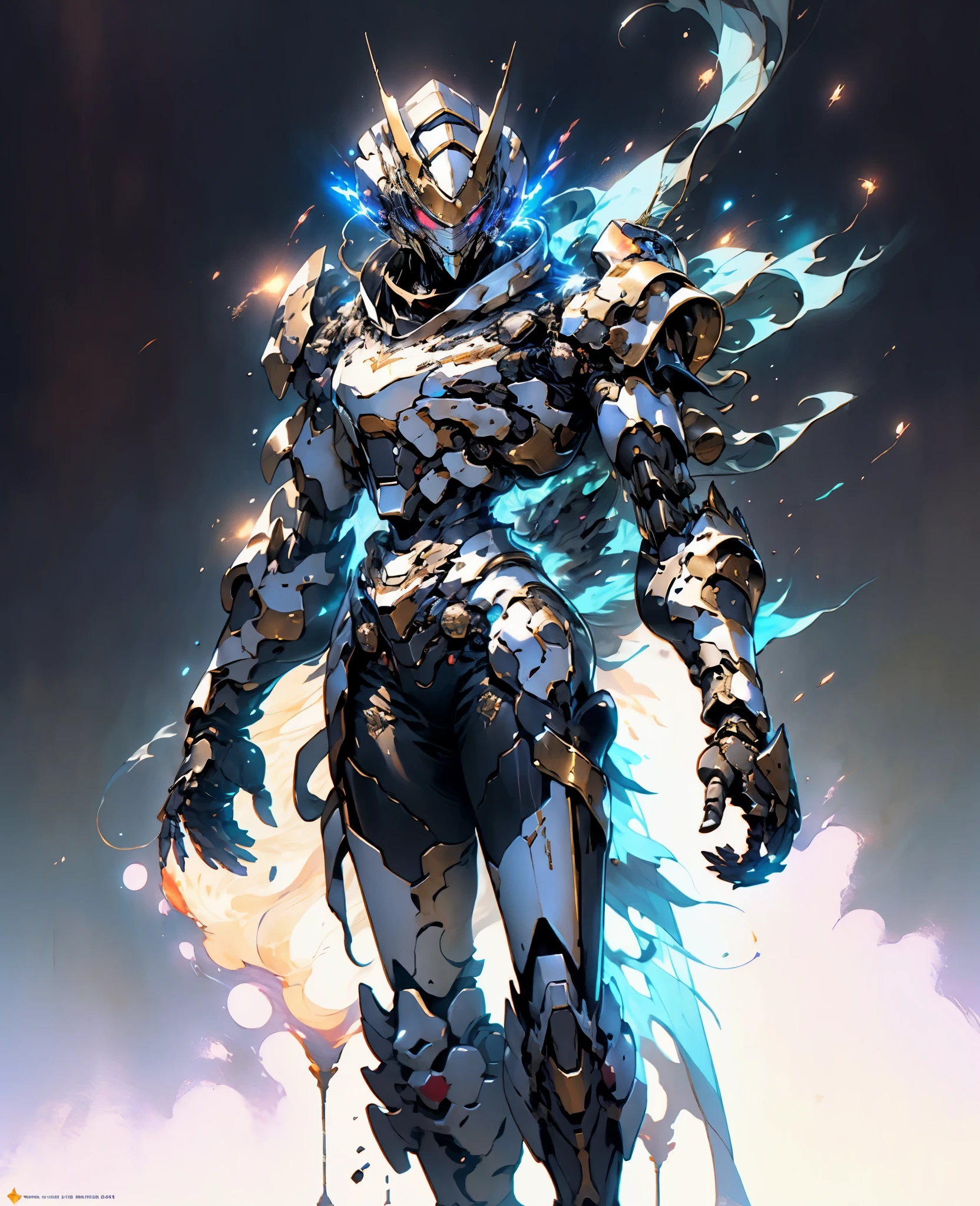 A woman adorned in fantasy-style full-body armor, a crown-concept fully enclosed helmet that unveils only her eyes, a composite layered chest plate, fully encompassing shoulder and hand guards, a lightweight waist armor, form-fitting shin guards, the overall design is heavy-duty yet flexible, (the armor gleams with a golden glow, complemented by red and blue accents), exhibiting a noble aura, she floats above a fantasy-surreal high-tech city, this character embodies a finely crafted fantasy-surreal style armored hero in anime style, exquisite and mature manga art style, (Queen Bee Concept Armor, blood), ((plasma, bio mecha, long legs, elegant, goddess, femminine:1.5)), metallic, high definition, best quality, highres, ultra-detailed, ultra-fine painting, extremely delicate, professional, anatomically correct, symmetrical face, extremely detailed eyes and face, high quality eyes, creativity, RAW photo, UHD, 32k, Natural light, cinematic lighting, masterpiece-anatomy-perfect, masterpiece:1.5